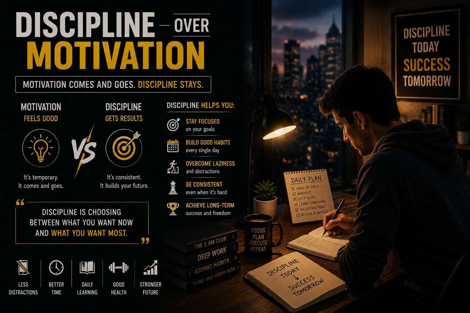 Motivational success mindset workspace showing discipline focus and long term success