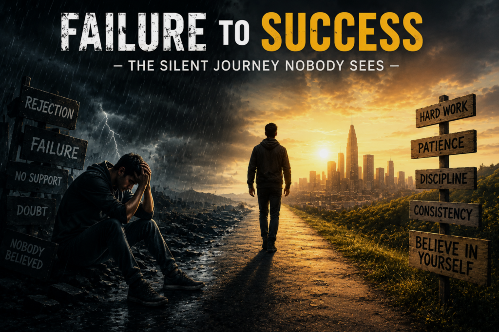 Cinematic motivational image showing the journey from failure to success with struggle and hope