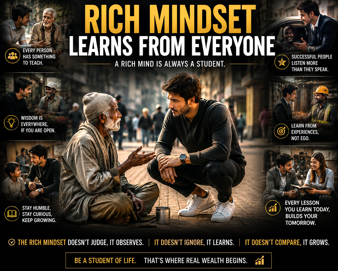 Inspirational image showing a successful person learning from different people with a growth mindset