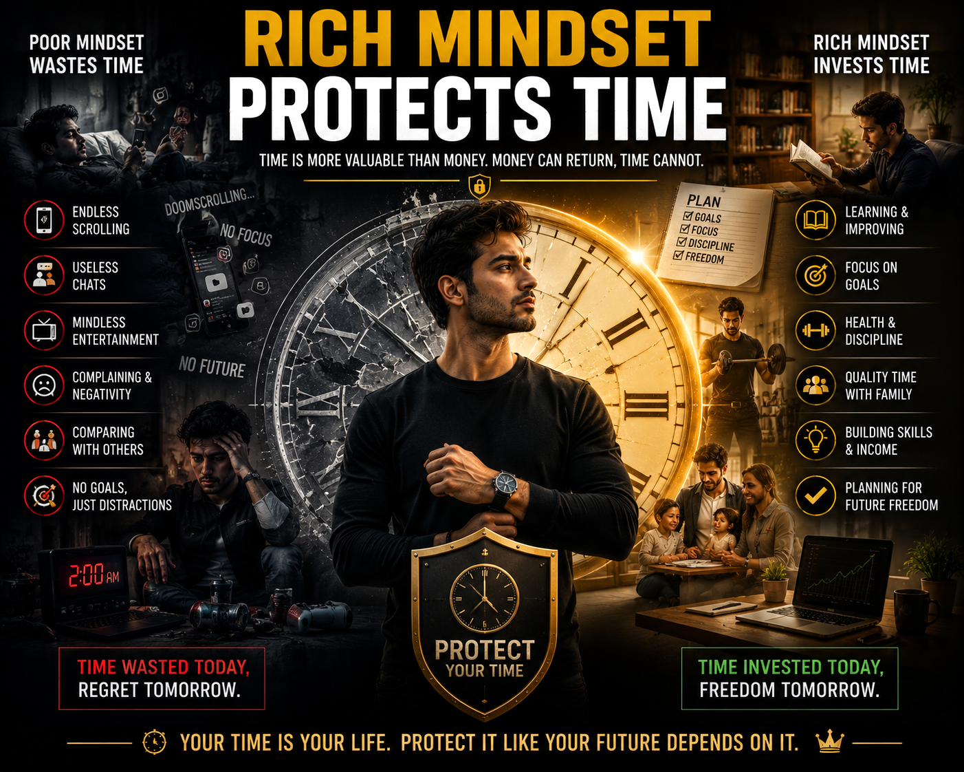 Motivational rich mindset image showing time management focus discipline and productivity habits