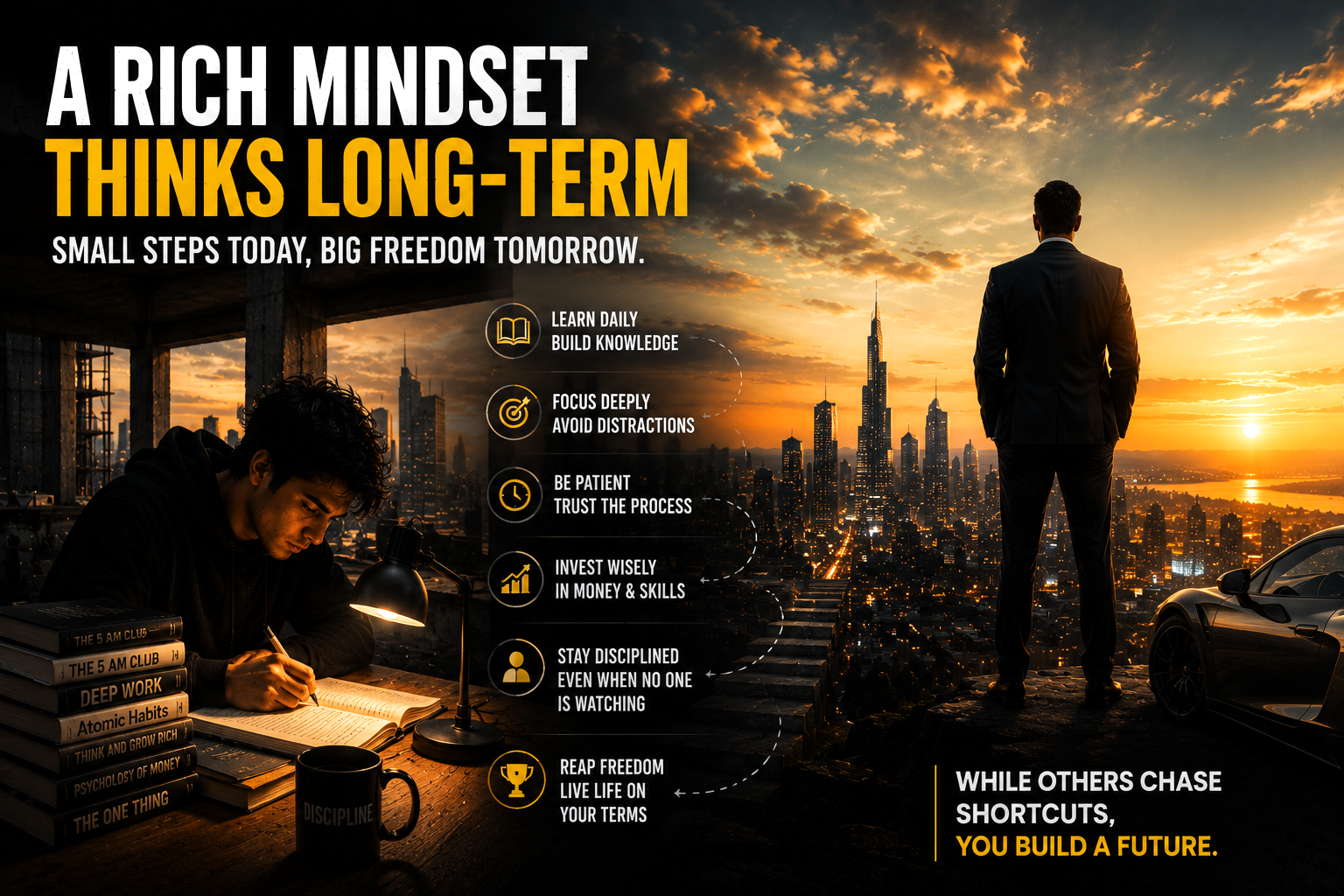 Motivational image showing a successful man planning long term goals and future success mindset
