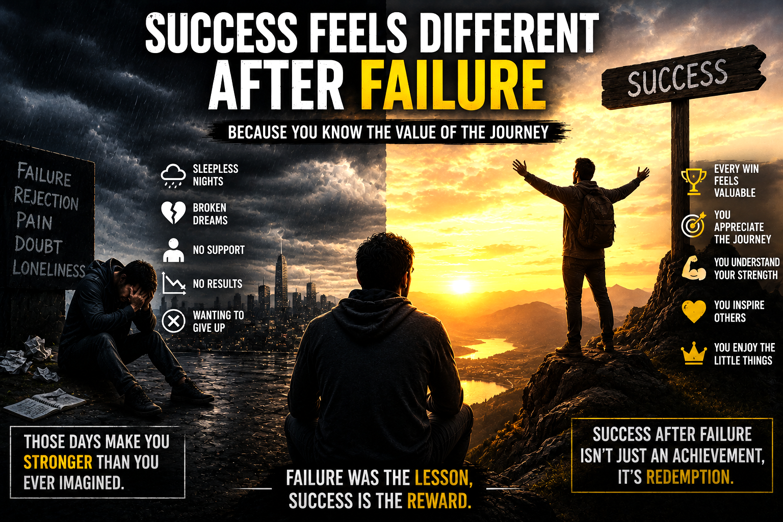 Emotional motivational image showing how success feels meaningful after failure and struggle