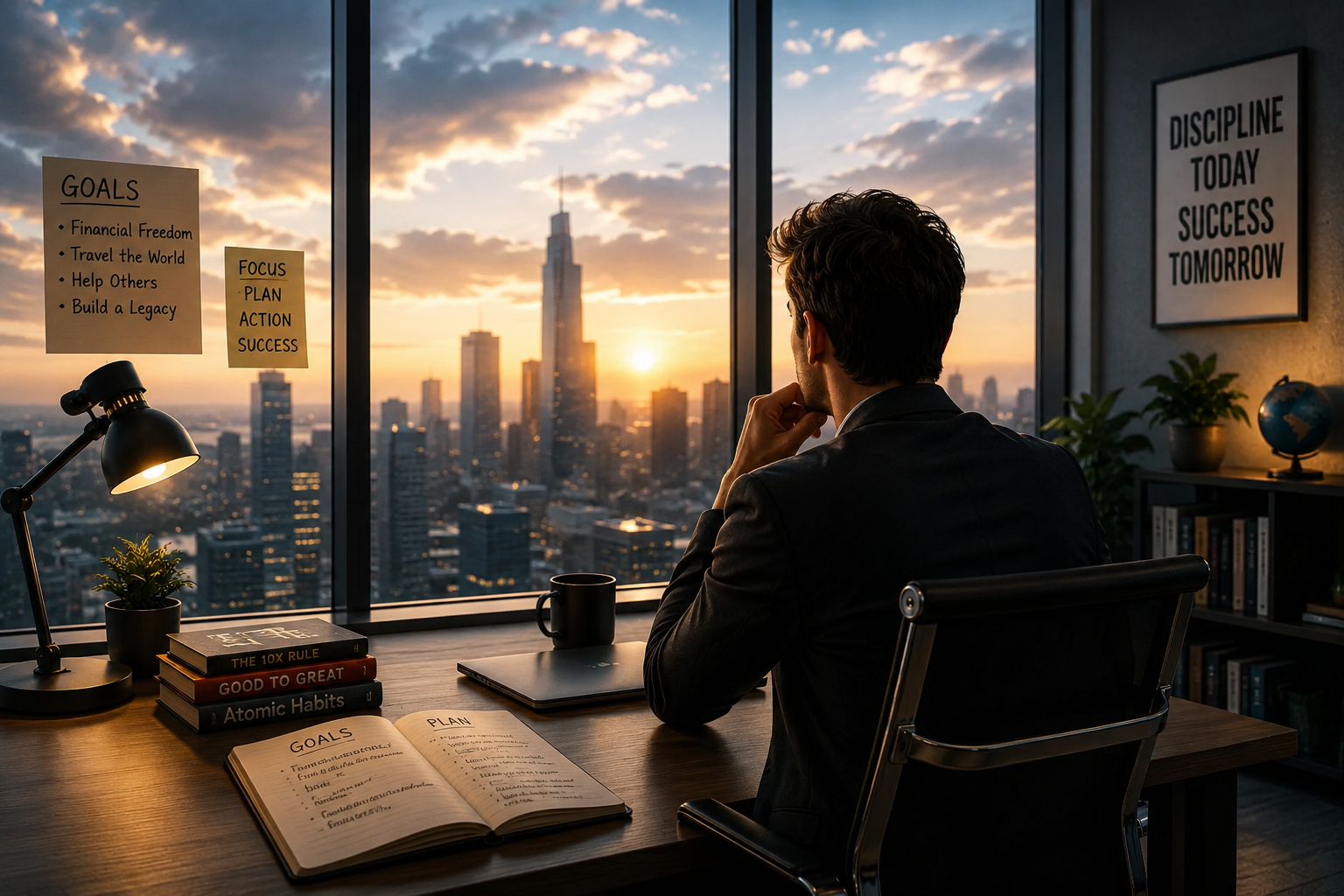 Successful person sitting in office thinking about future goals and success mindset