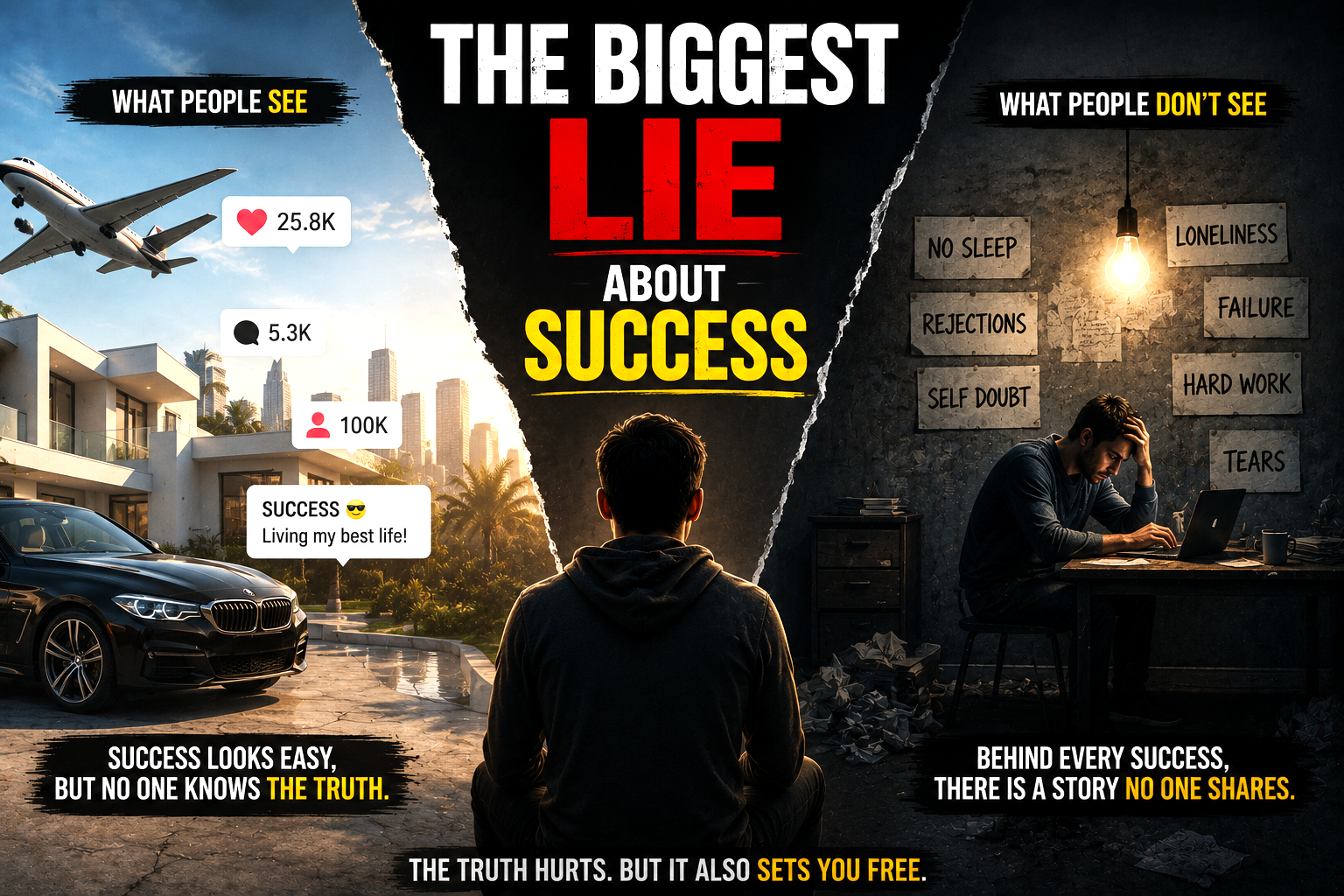 Motivational success image showing the hidden struggles behind social media success and fame