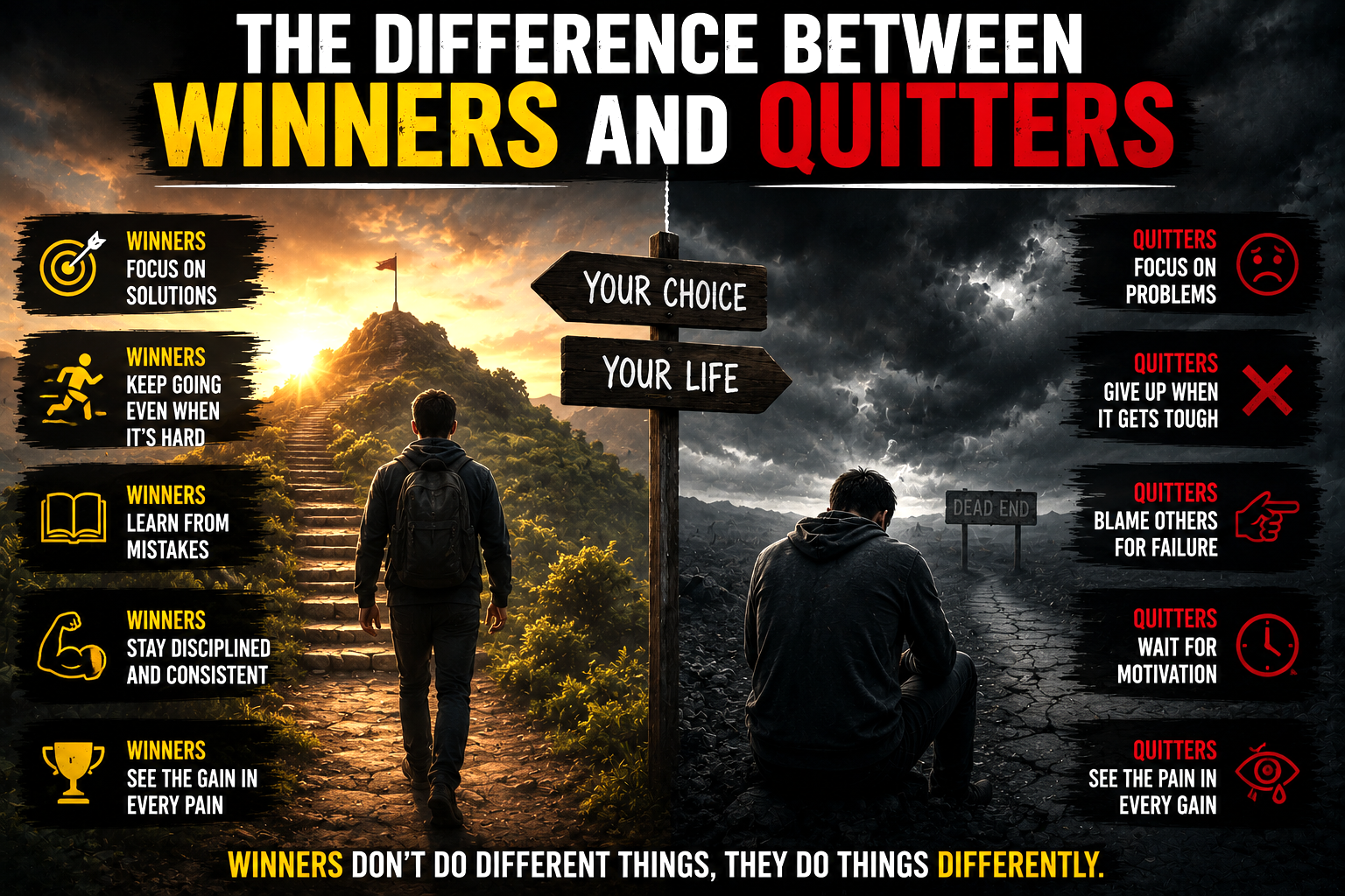 Inspirational image comparing winners and quitters with success mindset and discipline concepts