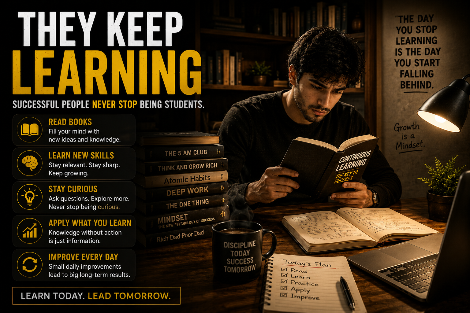 Successful person reading books and learning new skills with a growth mindset and self improvement focus