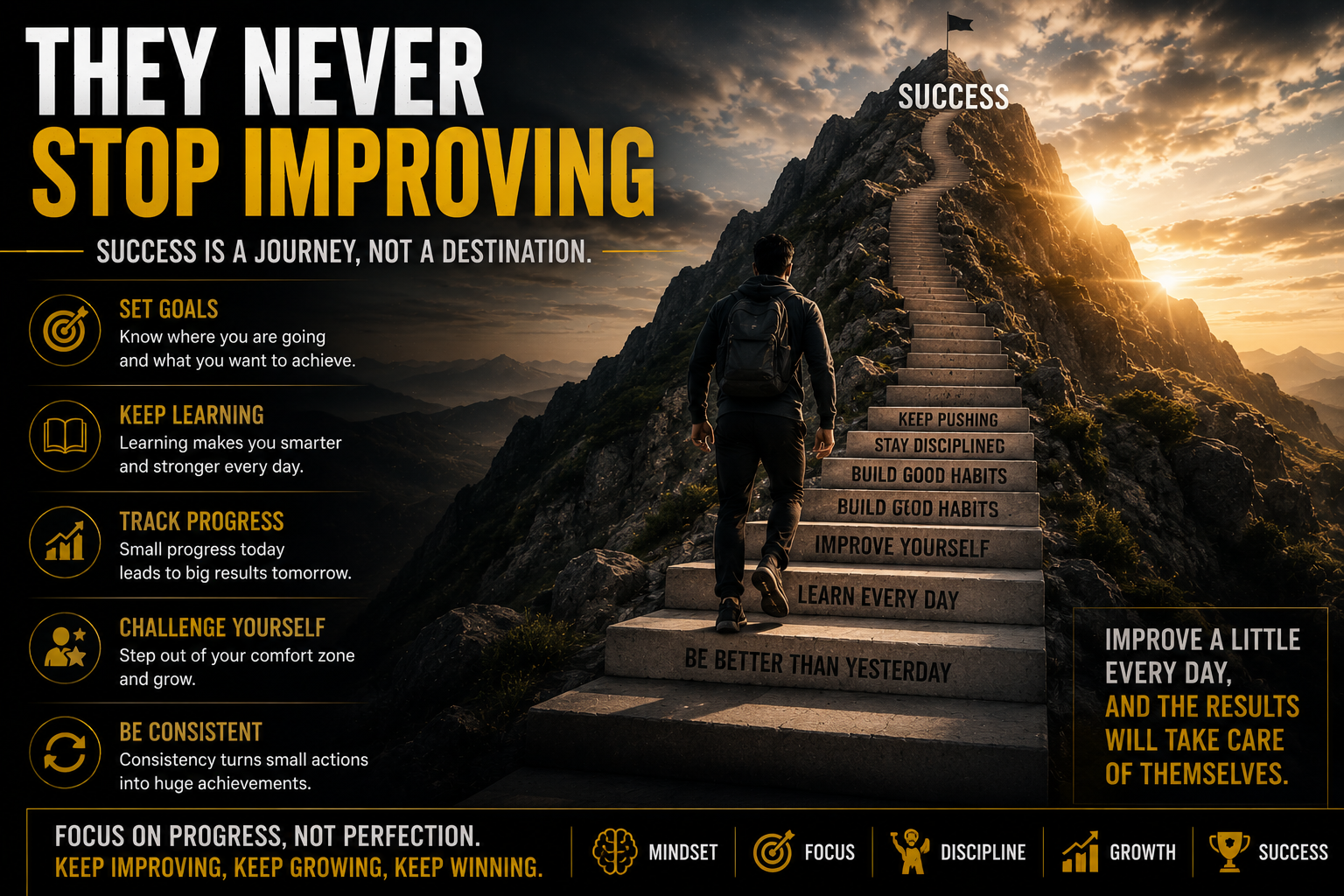 Person climbing toward success while improving every day through discipline growth and continuous learning