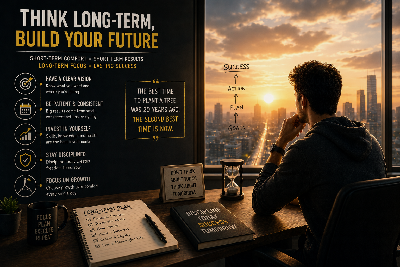 Person planning future success with long term thinking and growth mindset