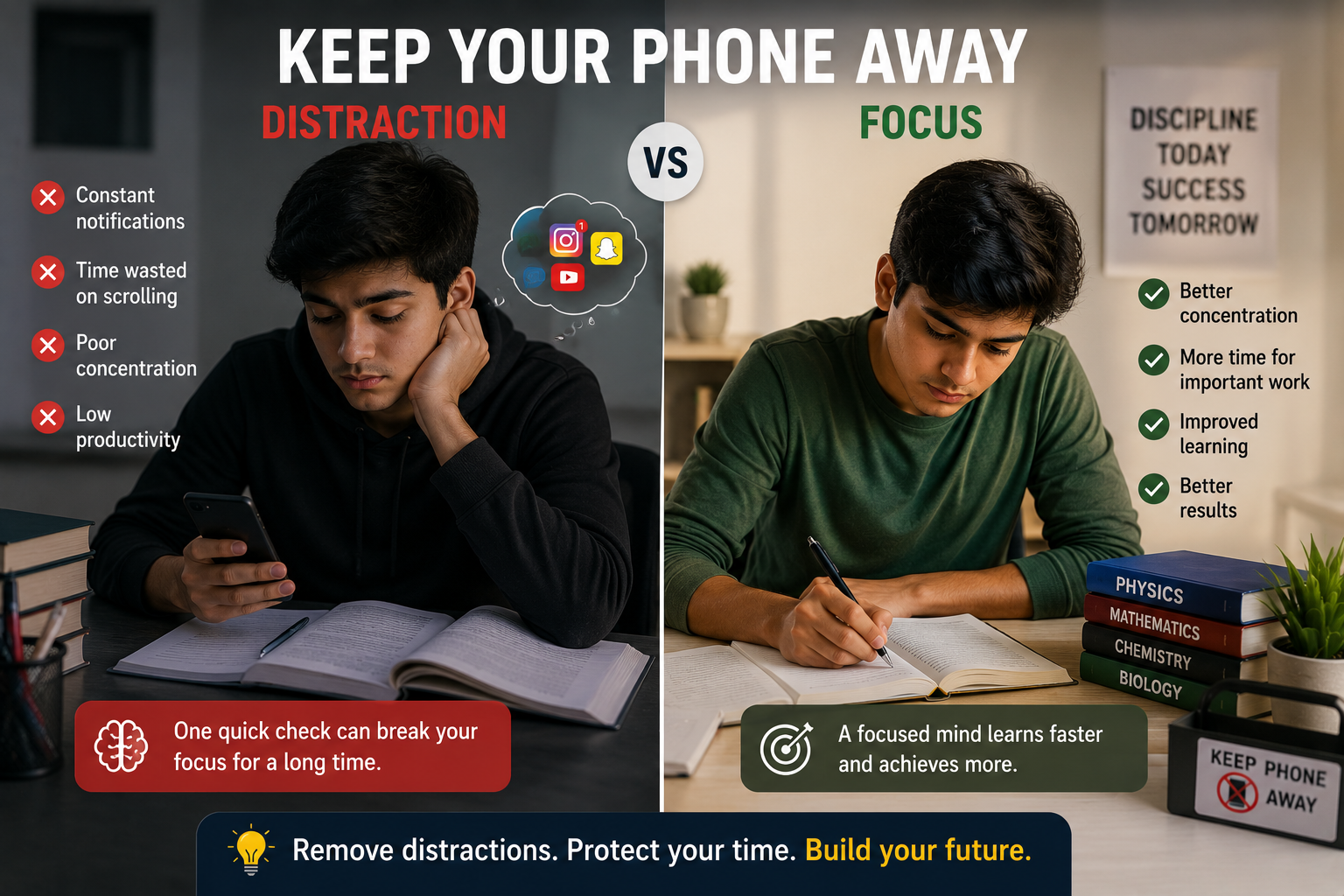 Phone distraction vs focused study setup.
