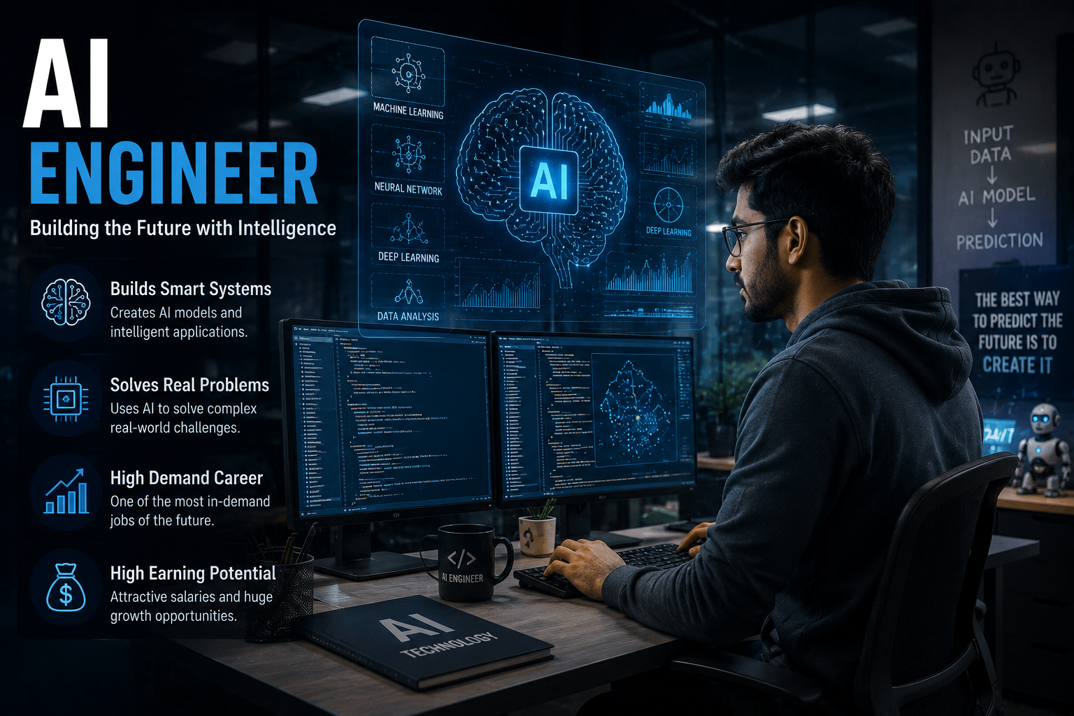 “AI Engineer working on artificial intelligence systems and machine learning models in a modern tech workspace”