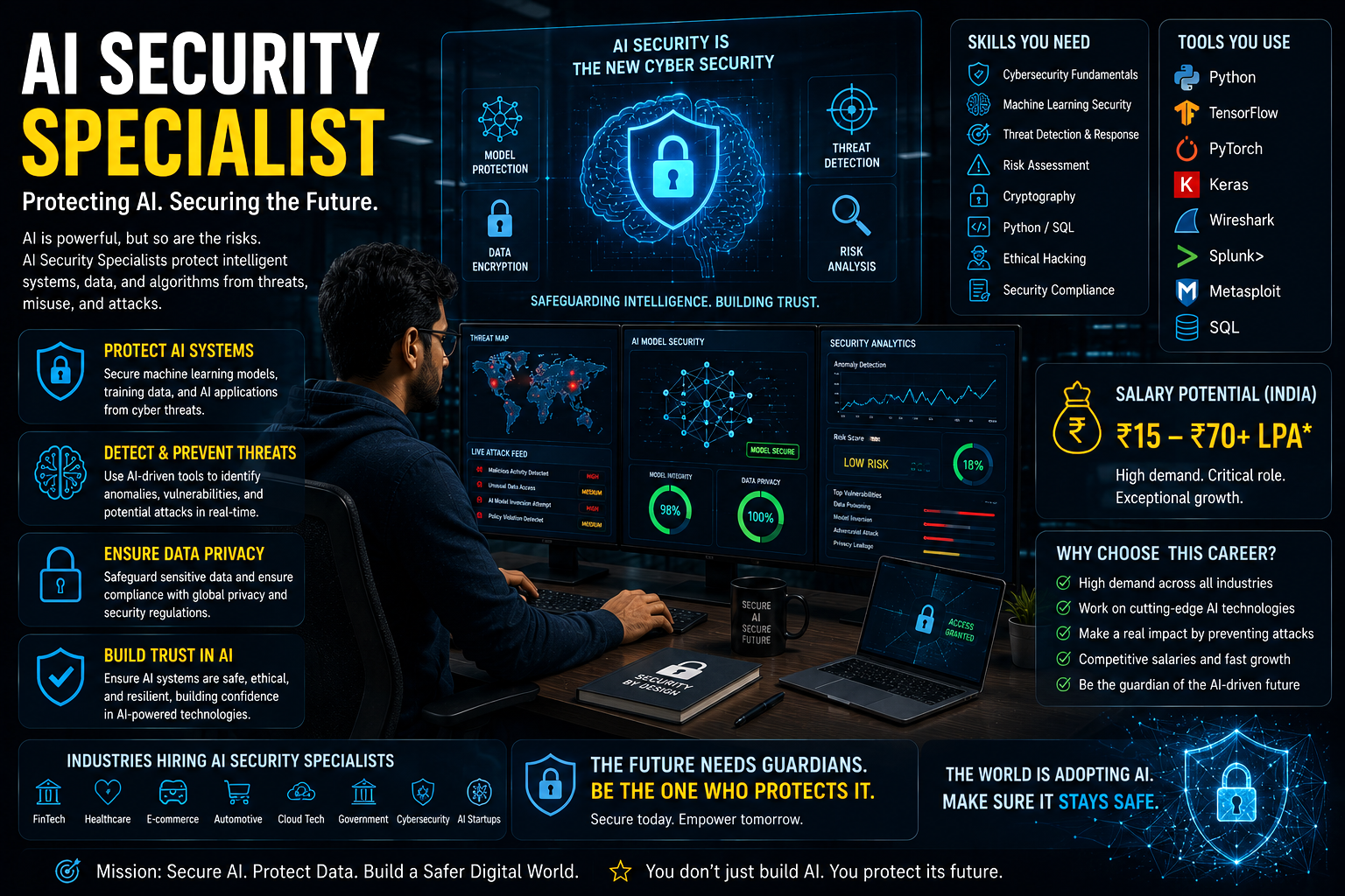 “AI Security Specialist protecting artificial intelligence systems from cyber threats and attacks”