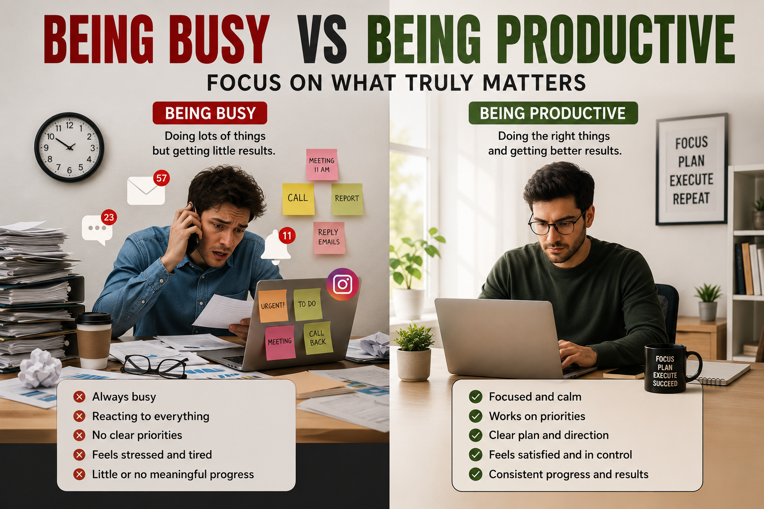 Difference between being busy and being productive in daily life and work