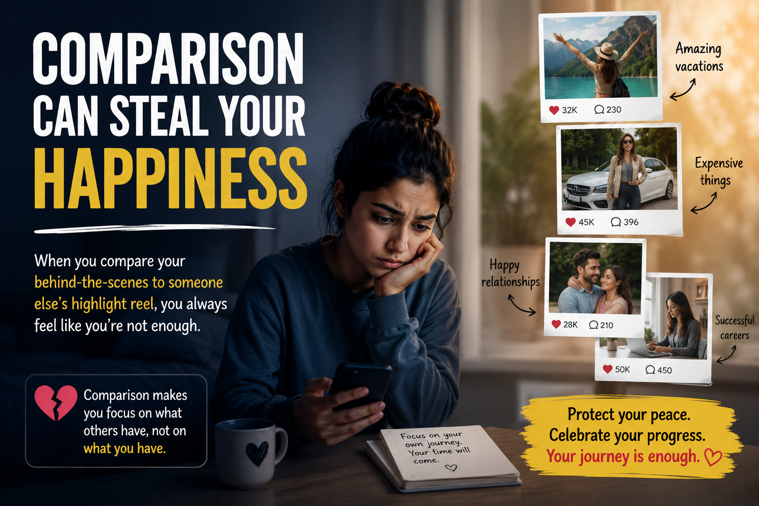 Person feeling unhappy after comparing their life, success, and relationships to others on social media