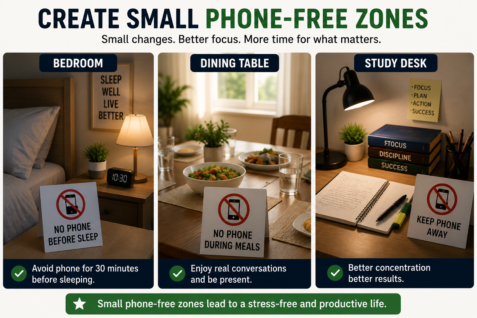 Phone-free bedroom, dining table, and study desk to reduce screen time and improve focus