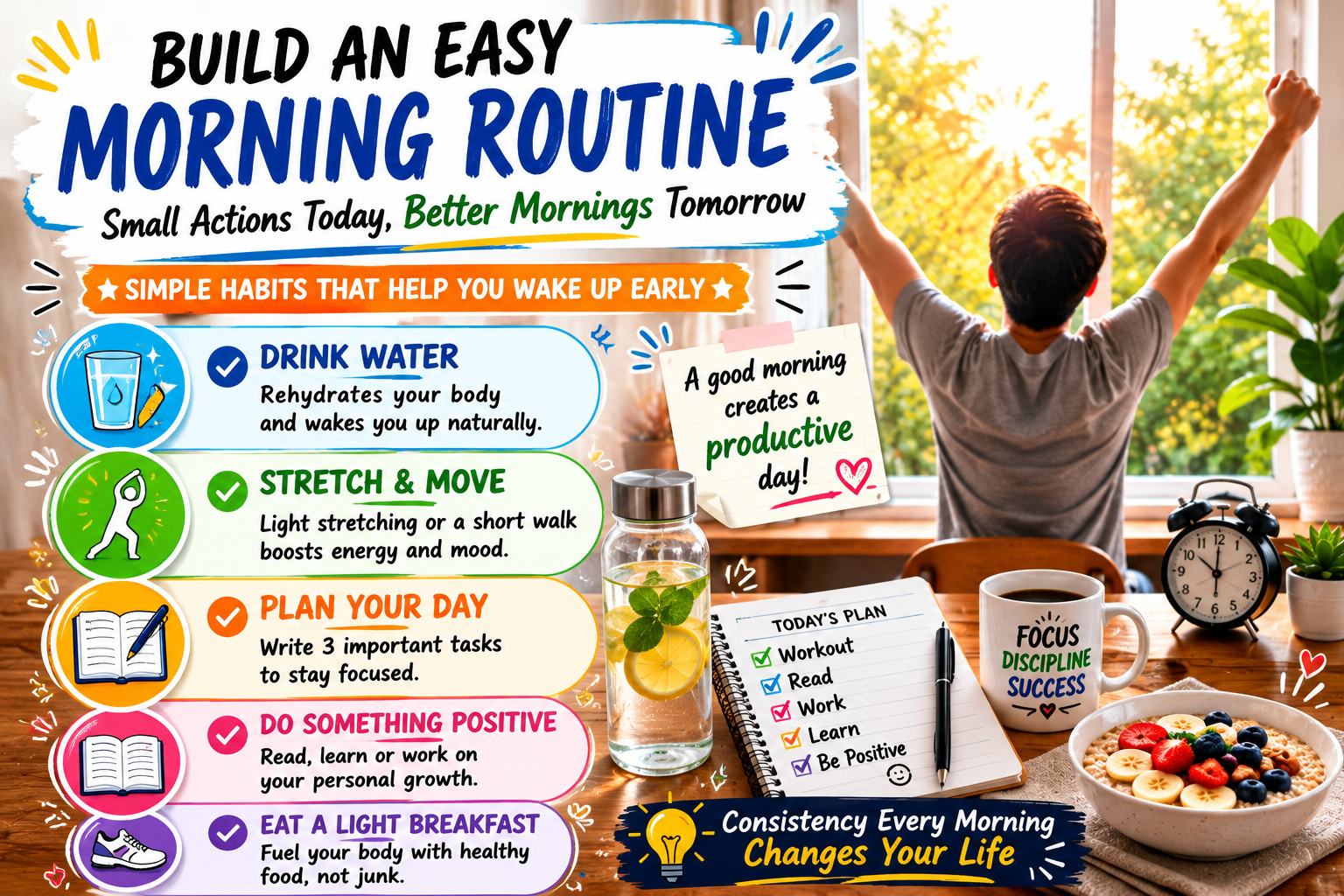 Simple morning routine including drinking water, stretching, planning the day, and healthy habits