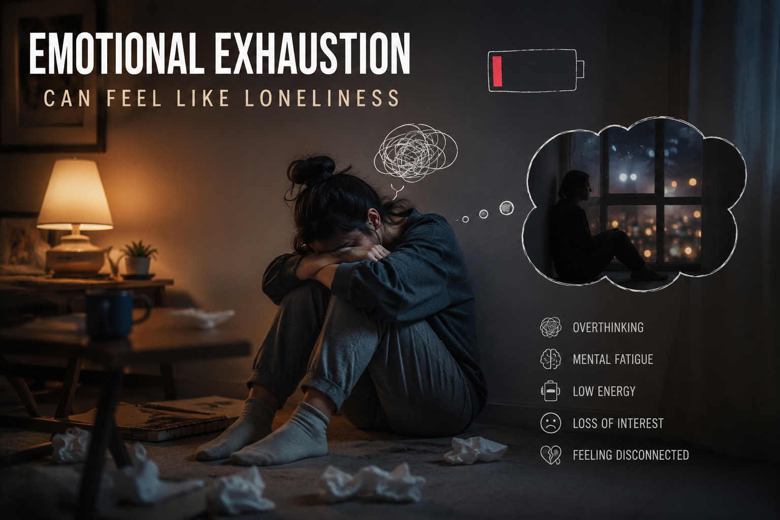 Emotionally exhausted person feeling mentally drained, isolated and disconnected despite being surrounded by people