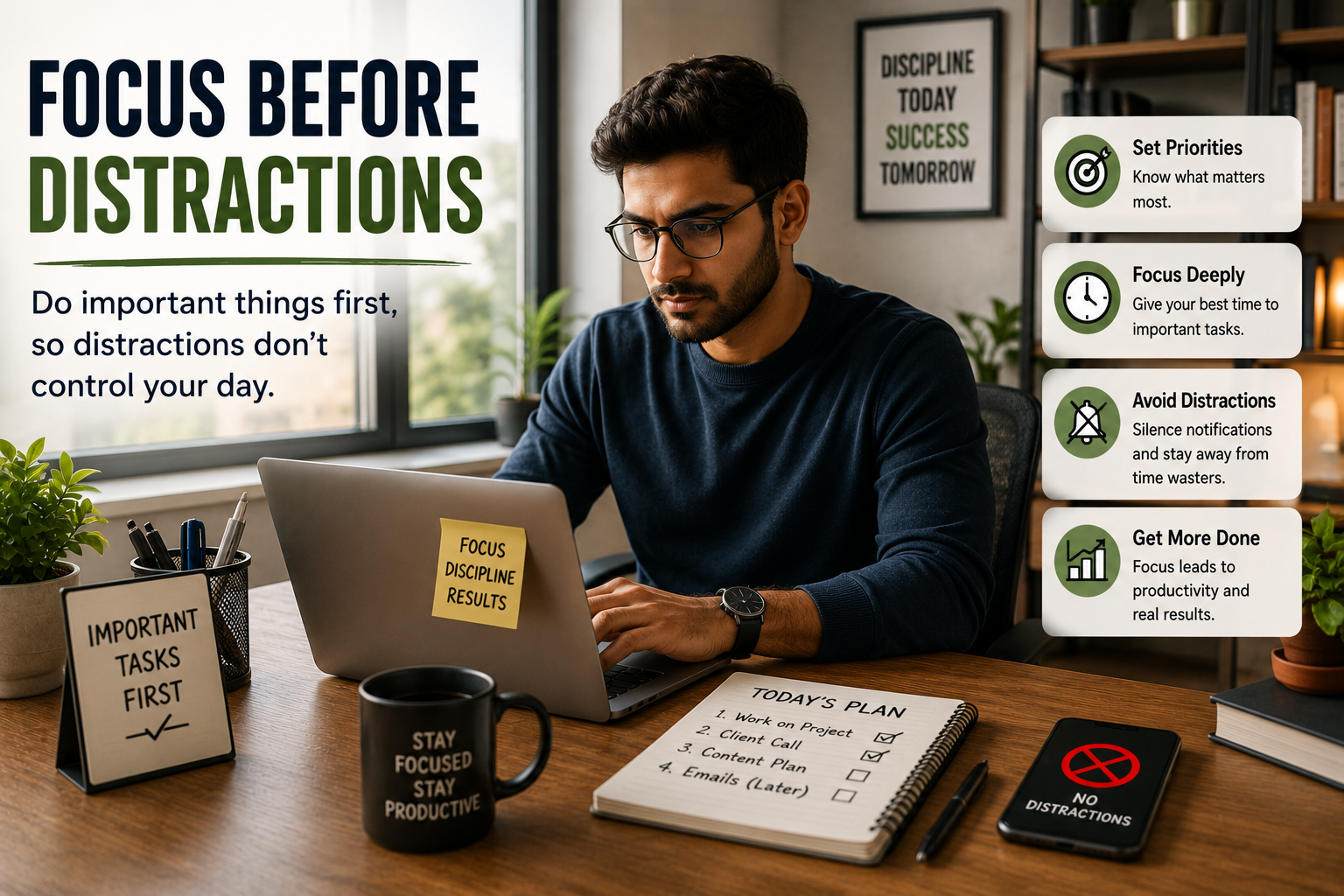 Focused professional working on important tasks without distractions