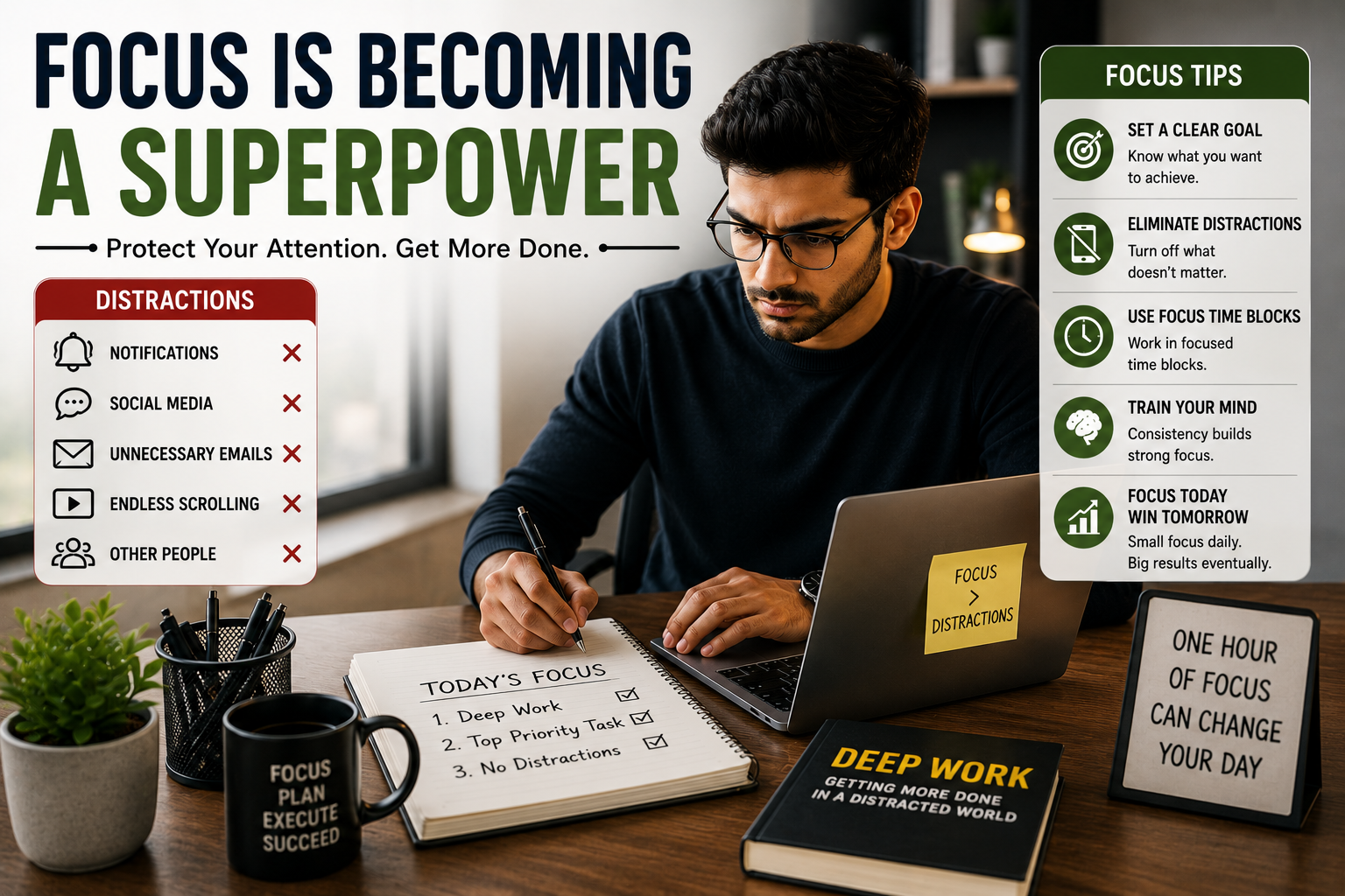 Focused person working without distractions to improve productivity and concentration