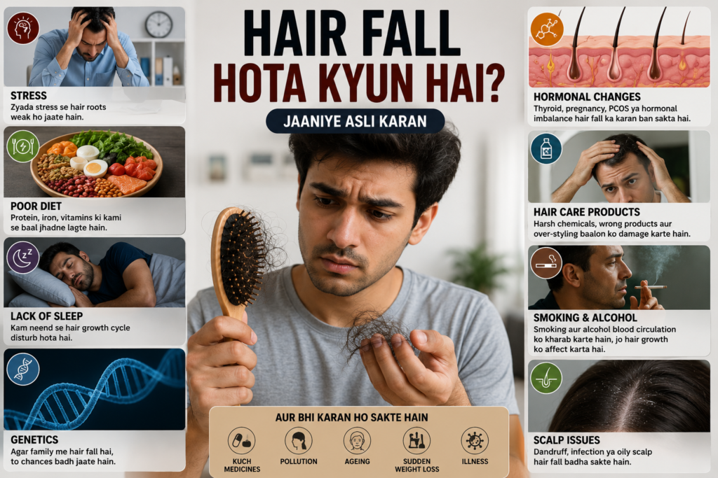 Different causes of hair fall including stress, poor diet, lack of sleep, genetics and hormonal imbalance