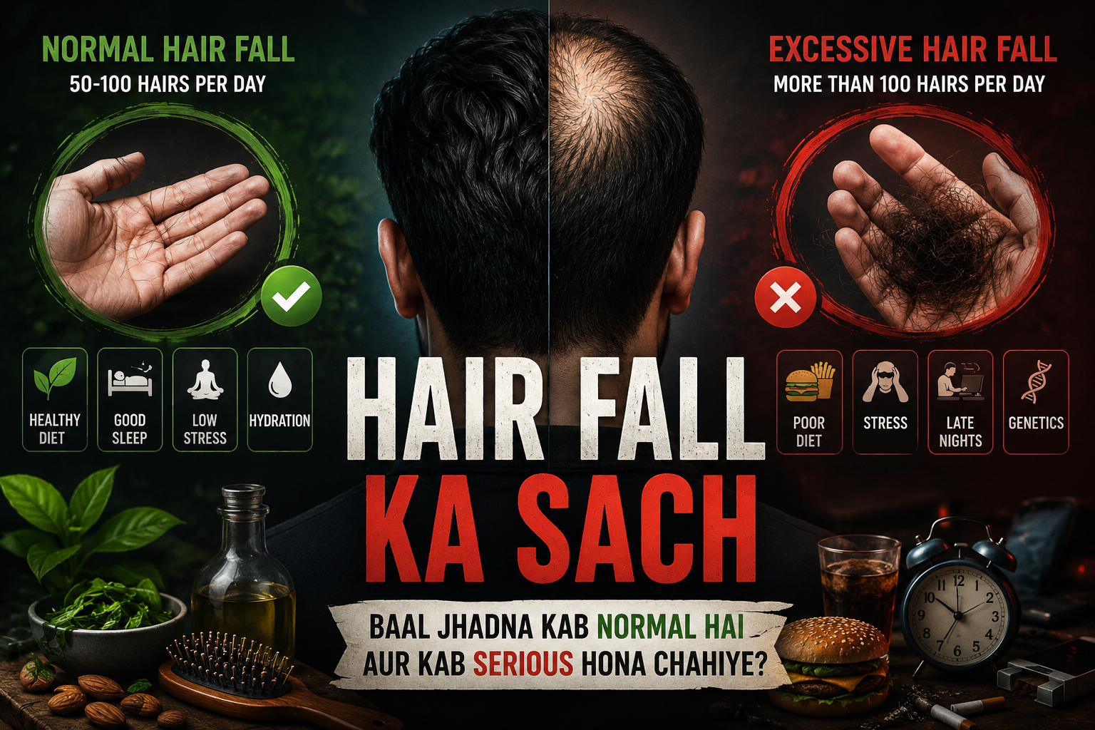 Person experiencing hair fall while checking hair loss in mirror with concern about hair health