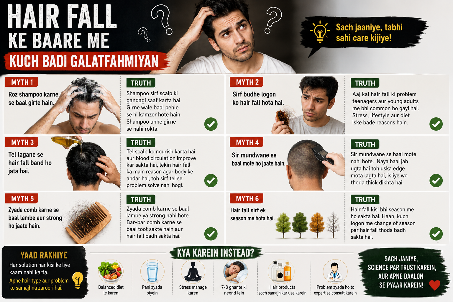 Different causes of hair fall including stress, poor diet, lack of sleep, genetics and hormonal imbalance