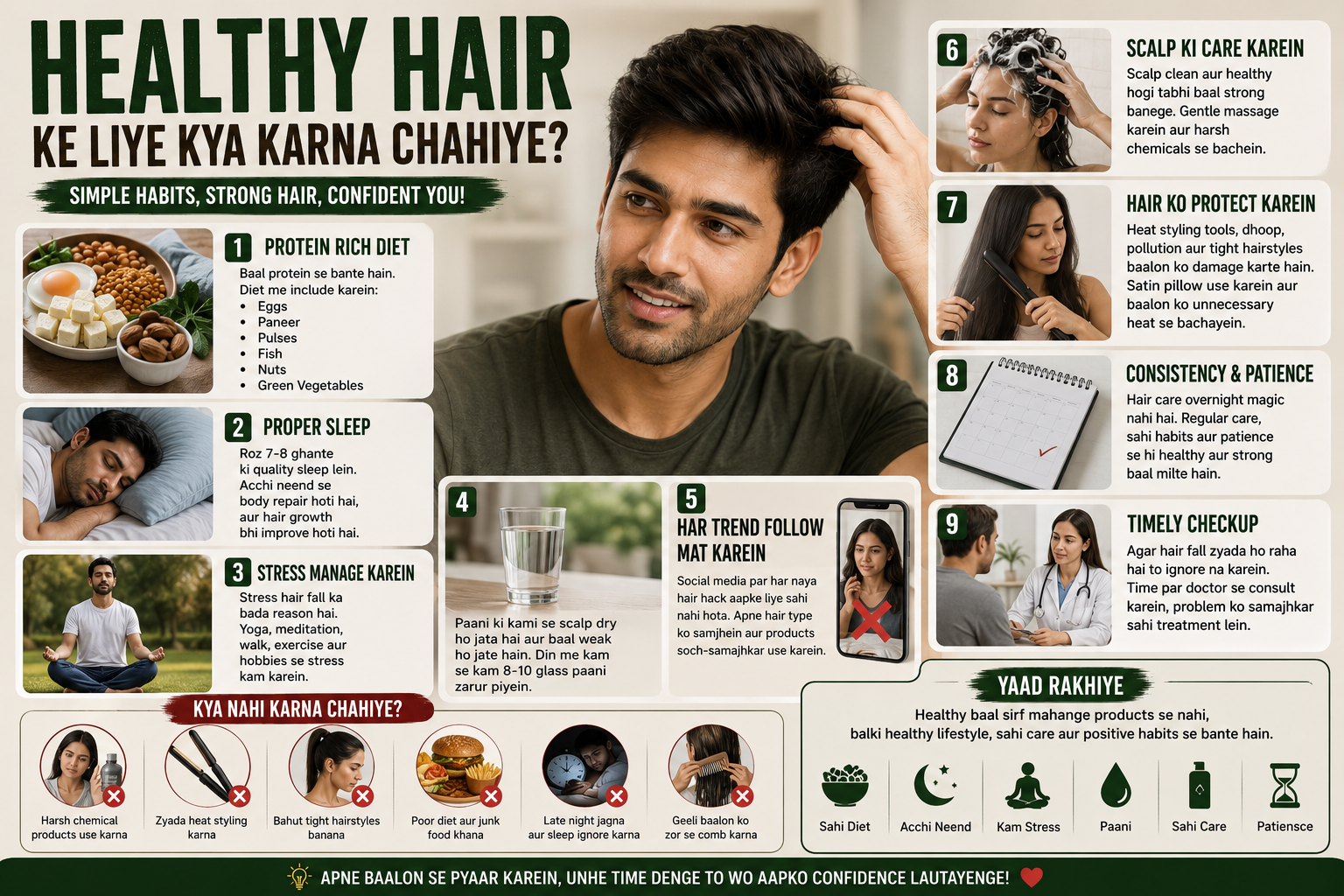 Healthy hair care routine including protein rich diet, hydration, sleep, stress management and scalp care