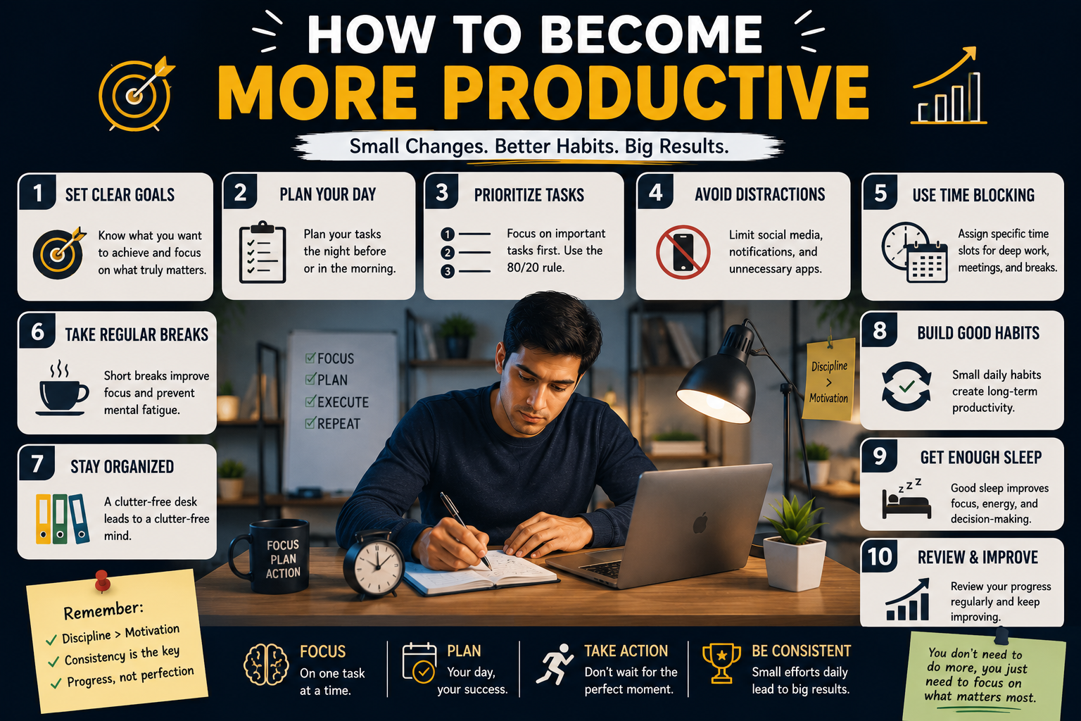Productivity infographic showing practical ways to improve focus, manage time, build better habits, and achieve goals