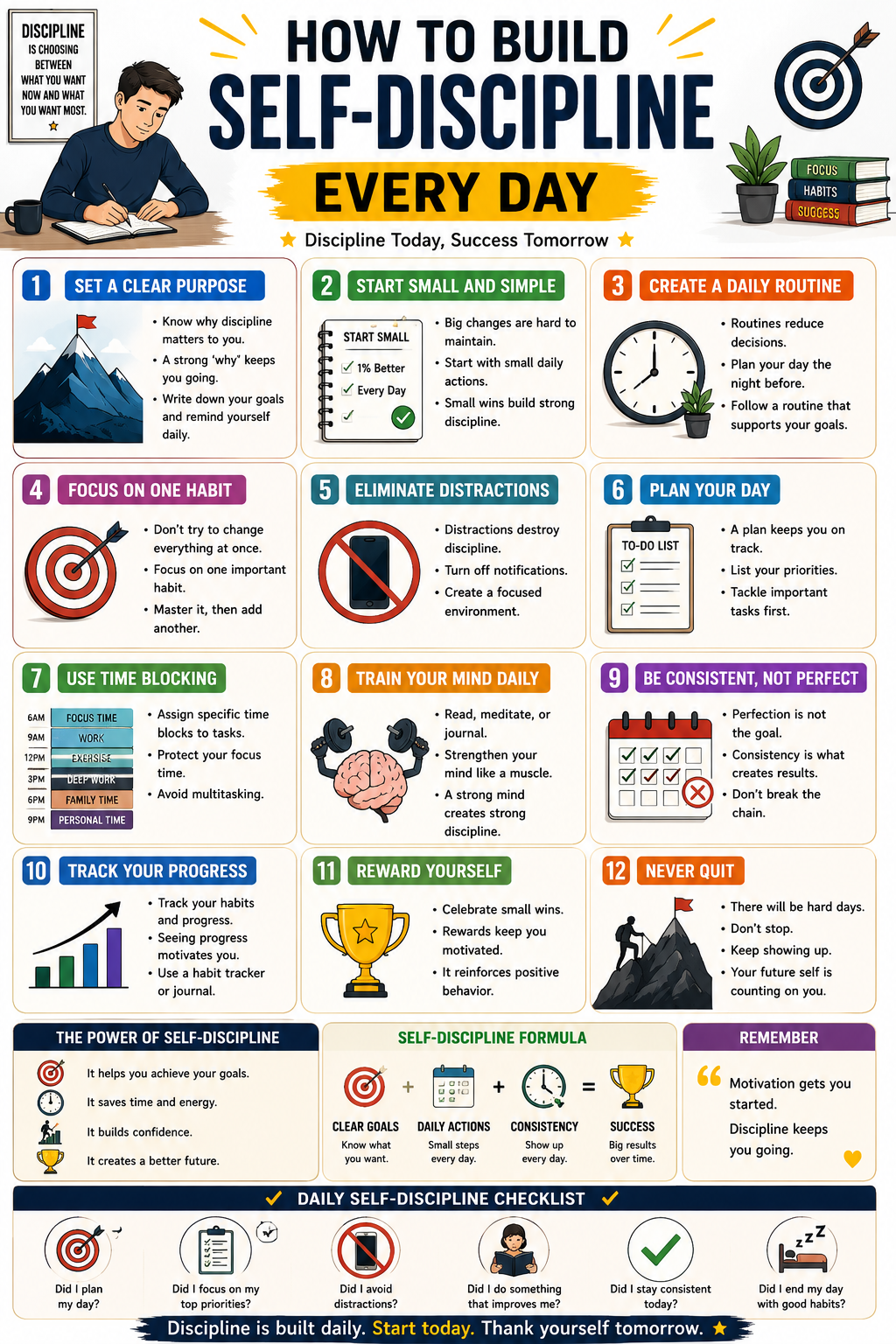 Step-by-step infographic explaining daily self-discipline habits including goal setting, consistency, time management, and focus improvement