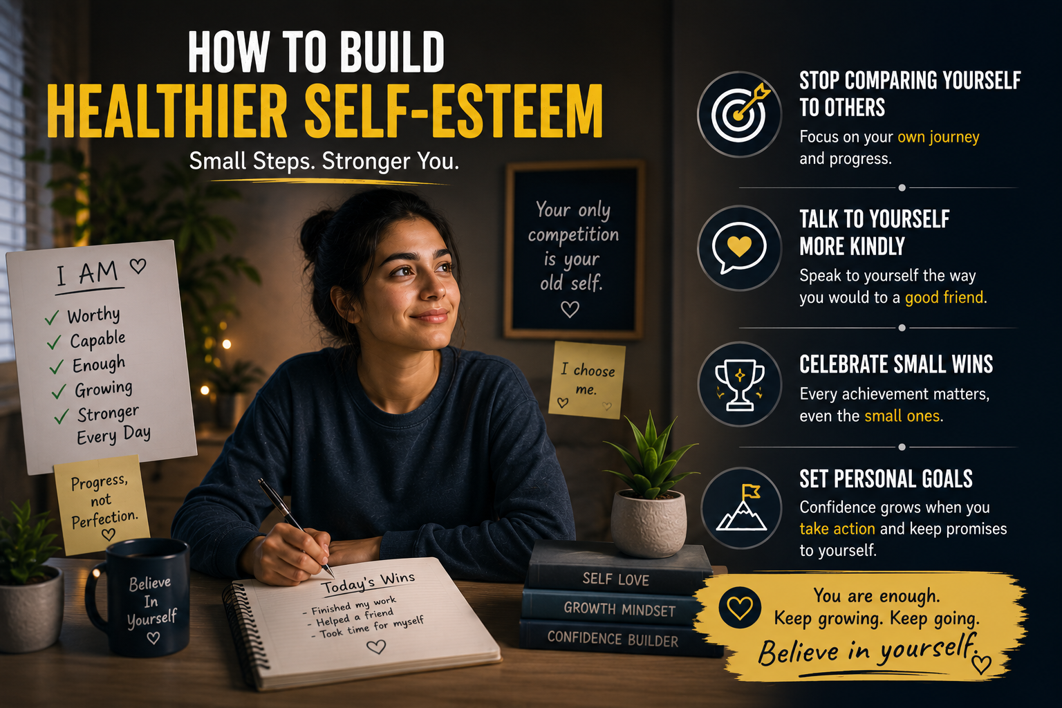 Person building self-confidence and developing healthy self-esteem