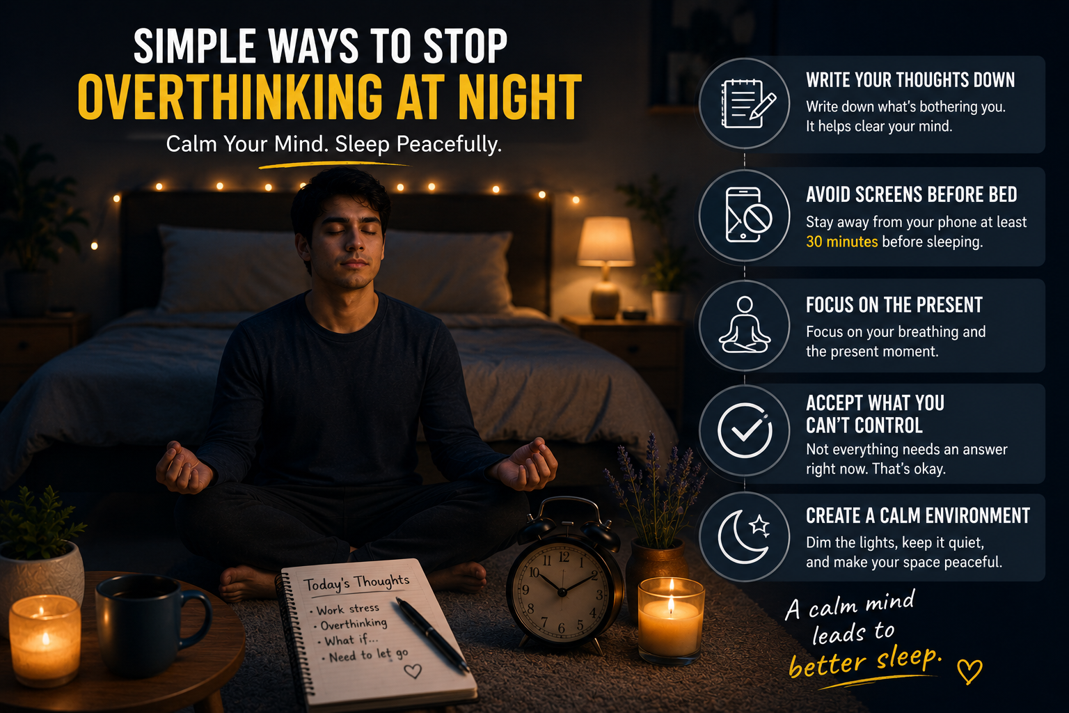 Simple techniques to calm an overactive mind and sleep peacefully at night