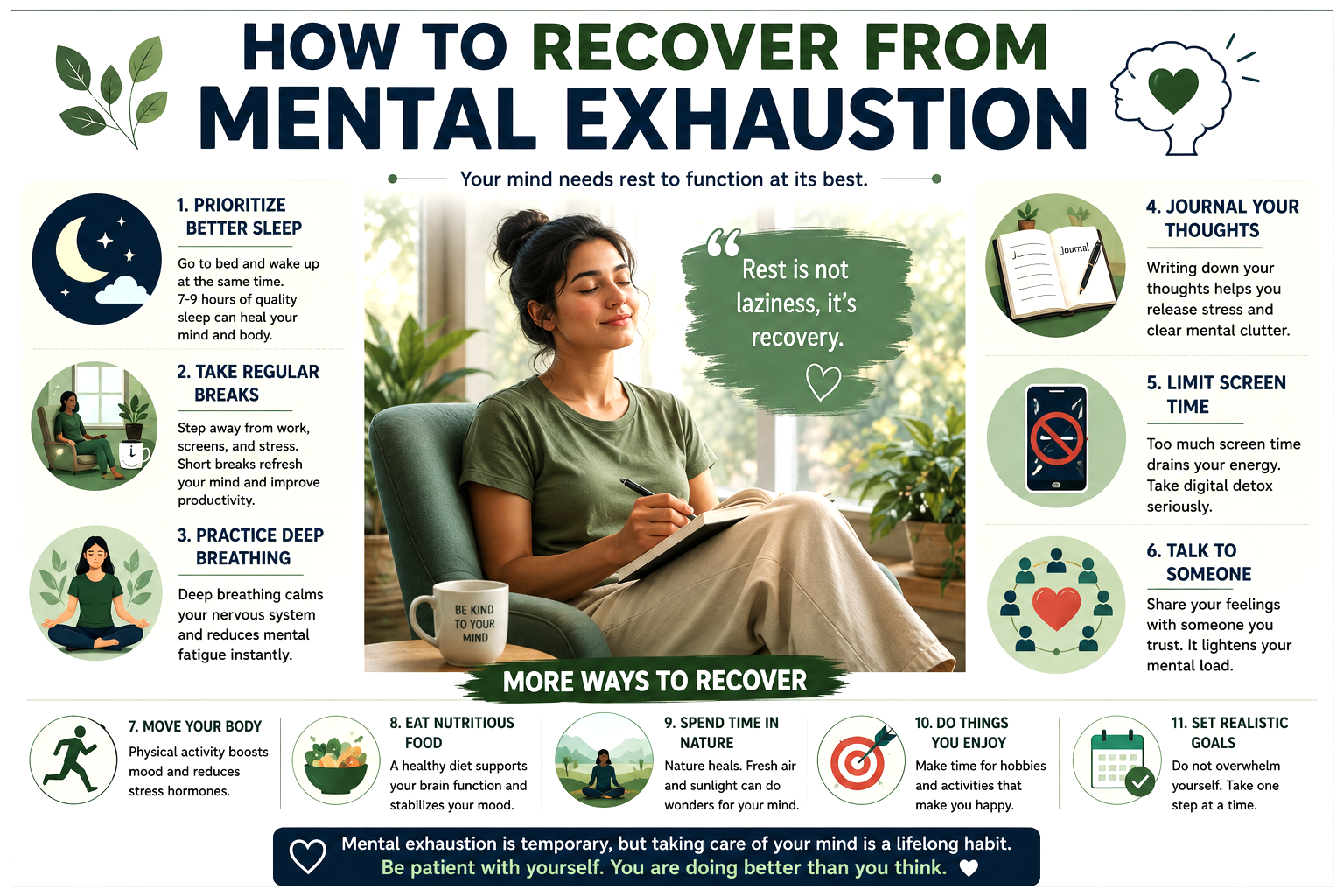 Person recovering from mental exhaustion through rest, sleep, journaling, and self-care habits
