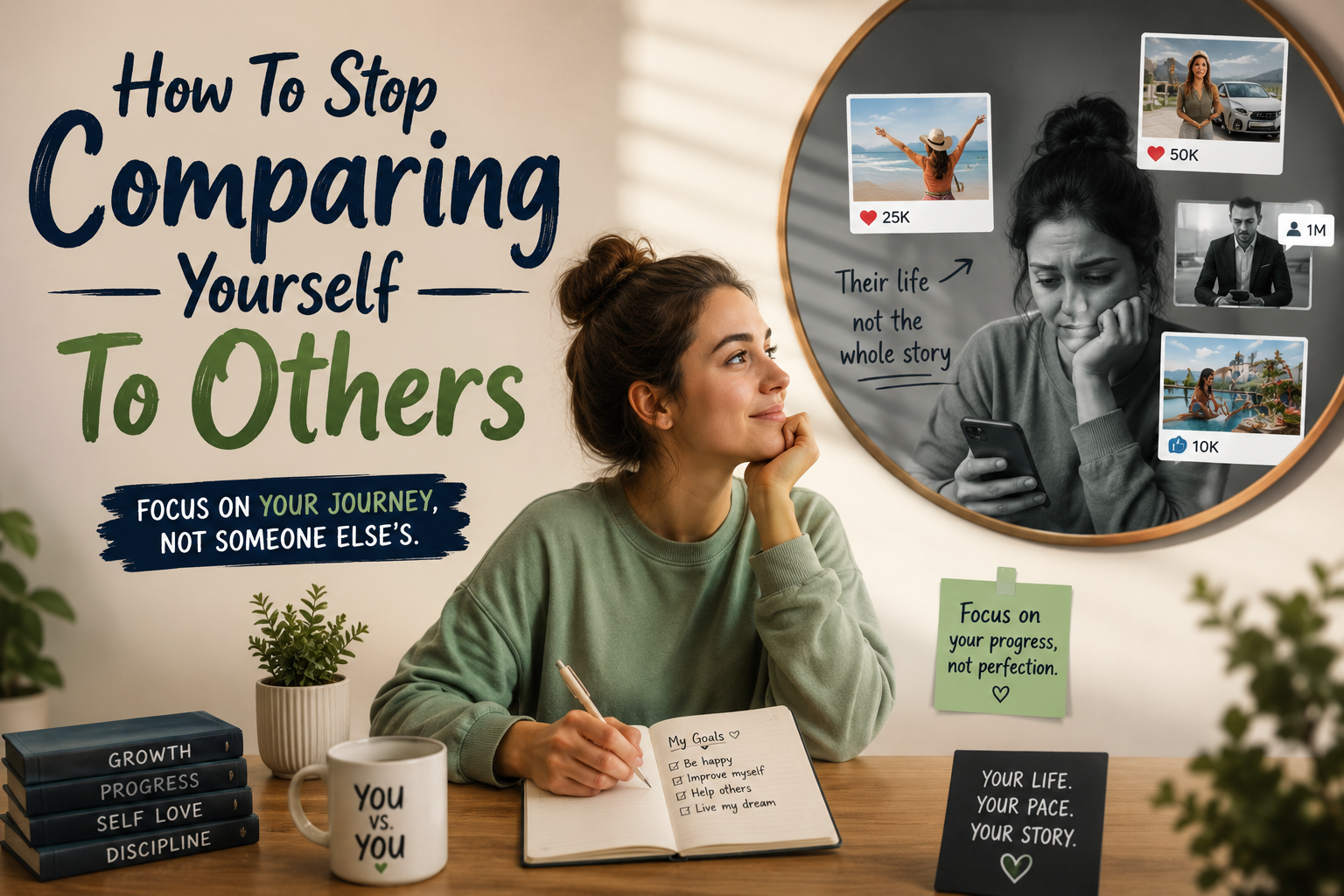 Confident woman focusing on personal growth and self-improvement instead of comparing herself to others