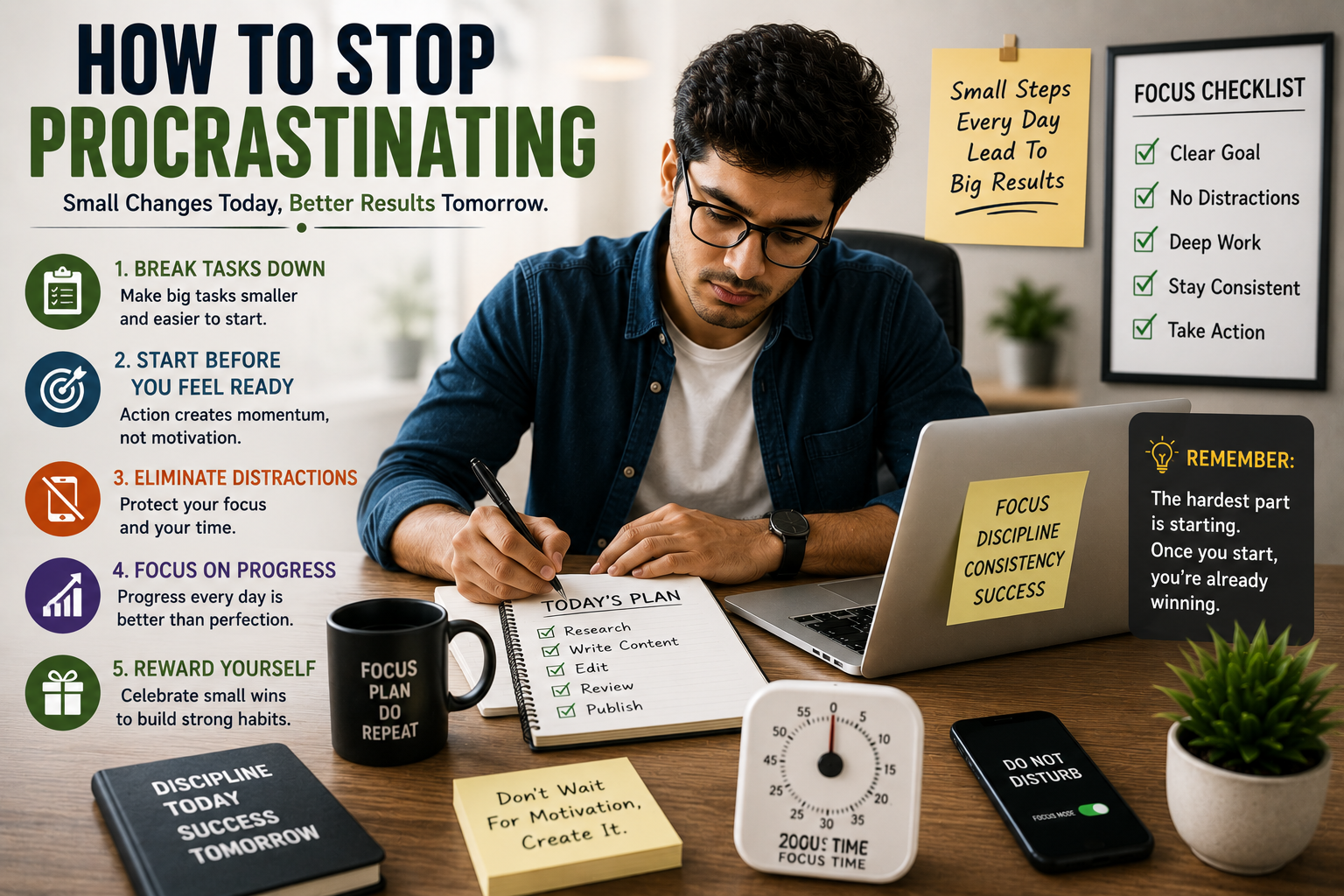 Focused individual using practical strategies to stop procrastination and improve productivity