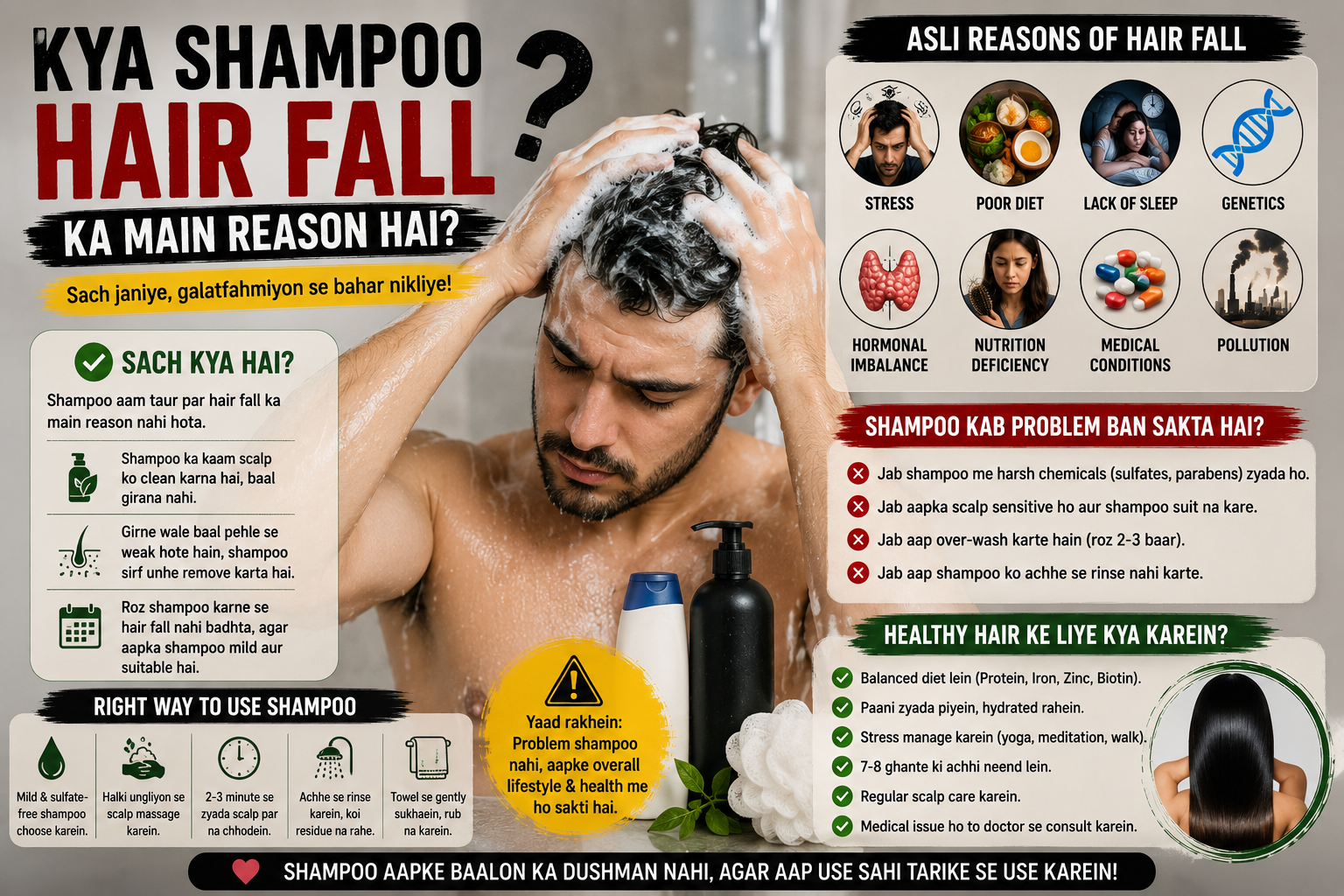 Man washing hair with shampoo while exploring whether shampoo causes hair fall or not