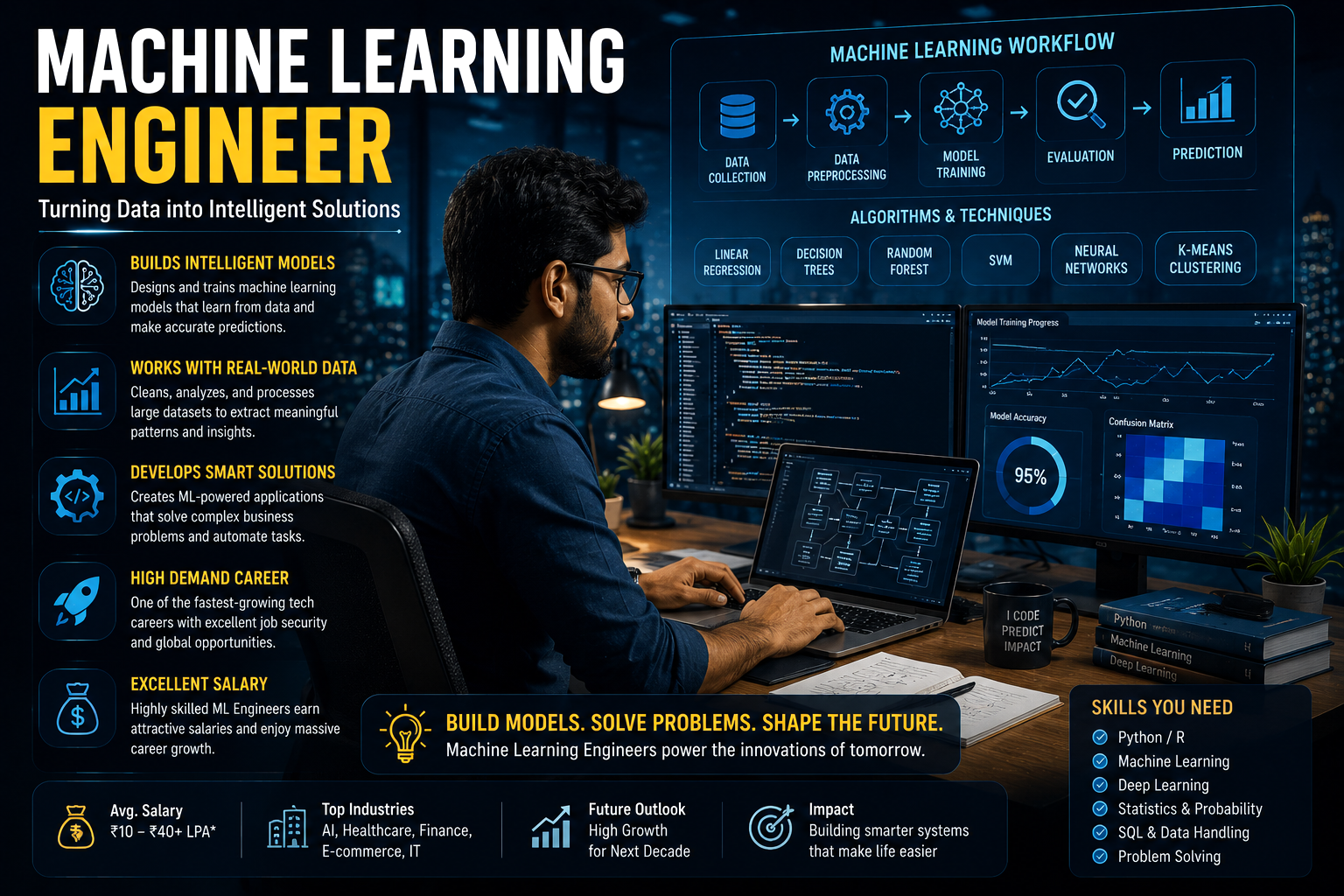“Machine Learning Engineer building intelligent models and analyzing data on multiple computer screens”
