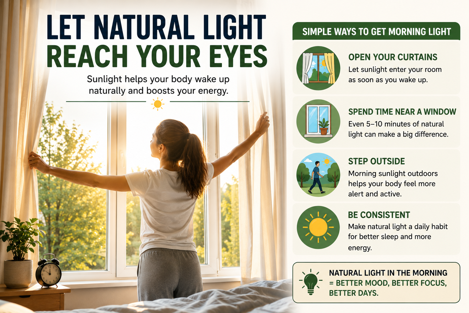 Person opening curtains to let natural morning sunlight improve energy, focus, and wakefulness