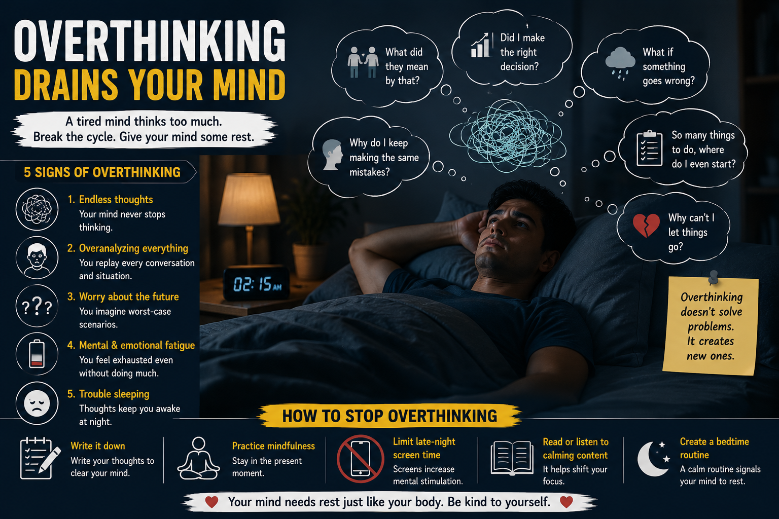 Overthinking at night causing mental exhaustion and emotional stress