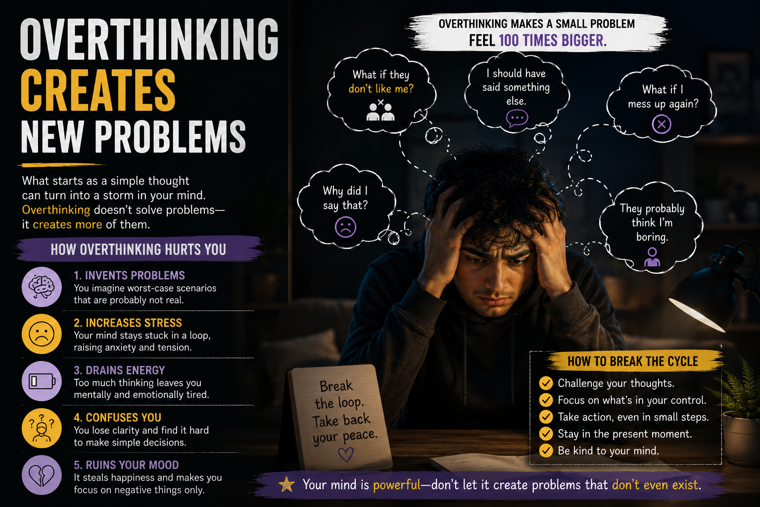 Stressed young man trapped in an overthinking cycle as negative thoughts create unnecessary mental problems