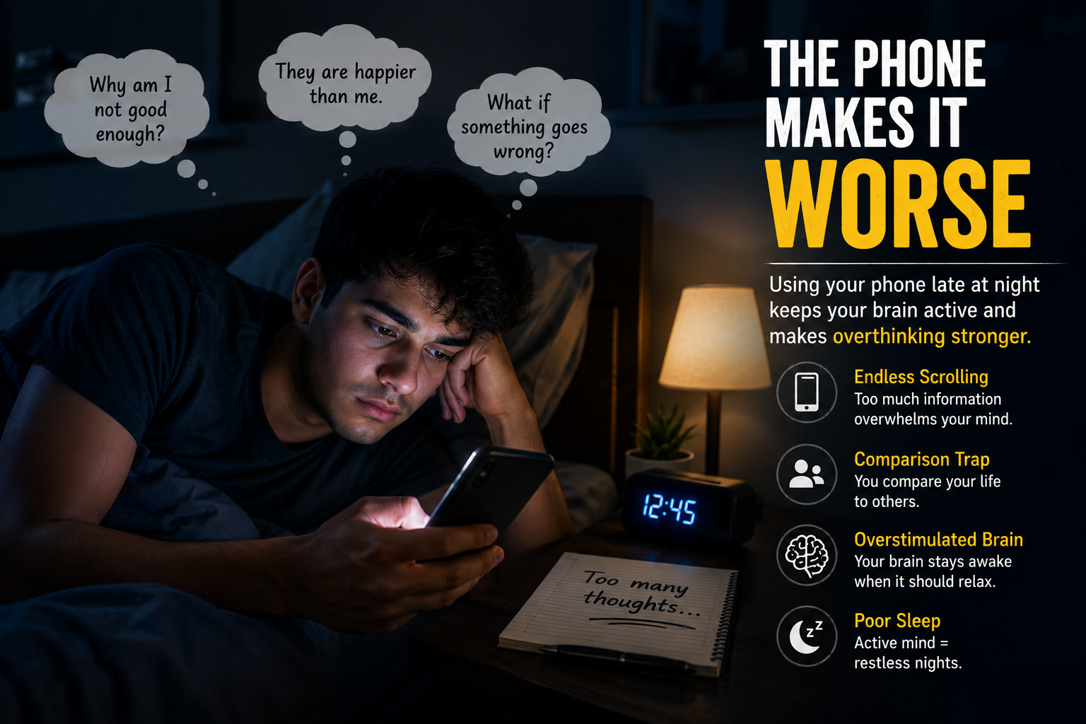 Person using smartphone late at night causing overthinking and poor sleep