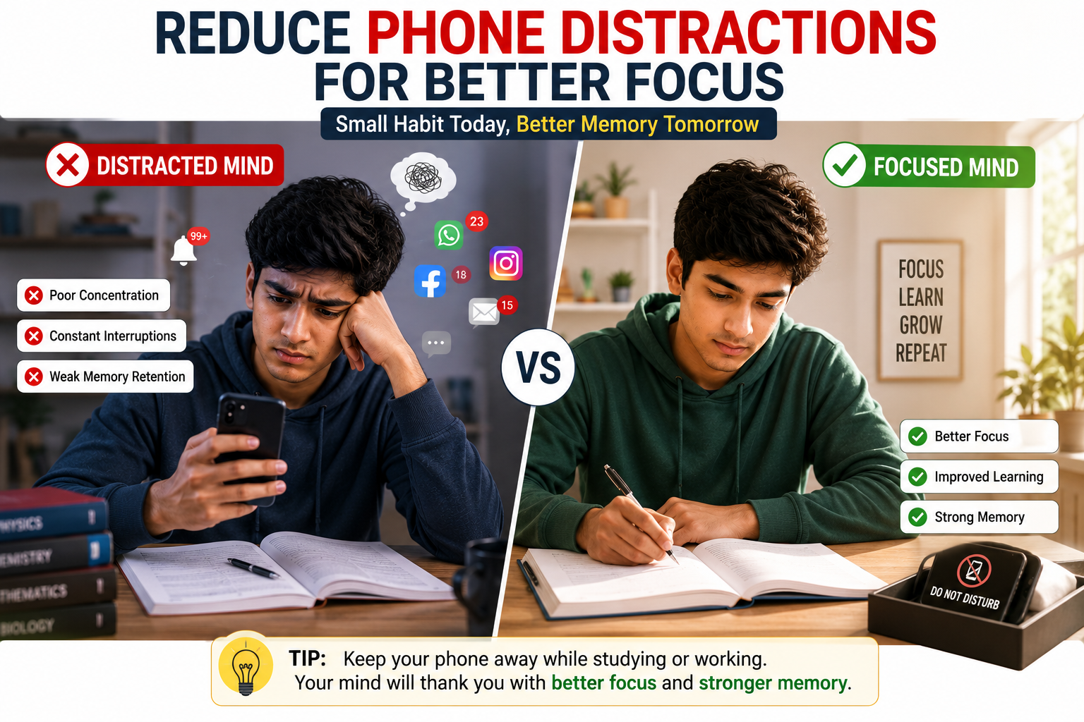 Student reducing phone distractions to improve focus, concentration, learning ability, and memory retention