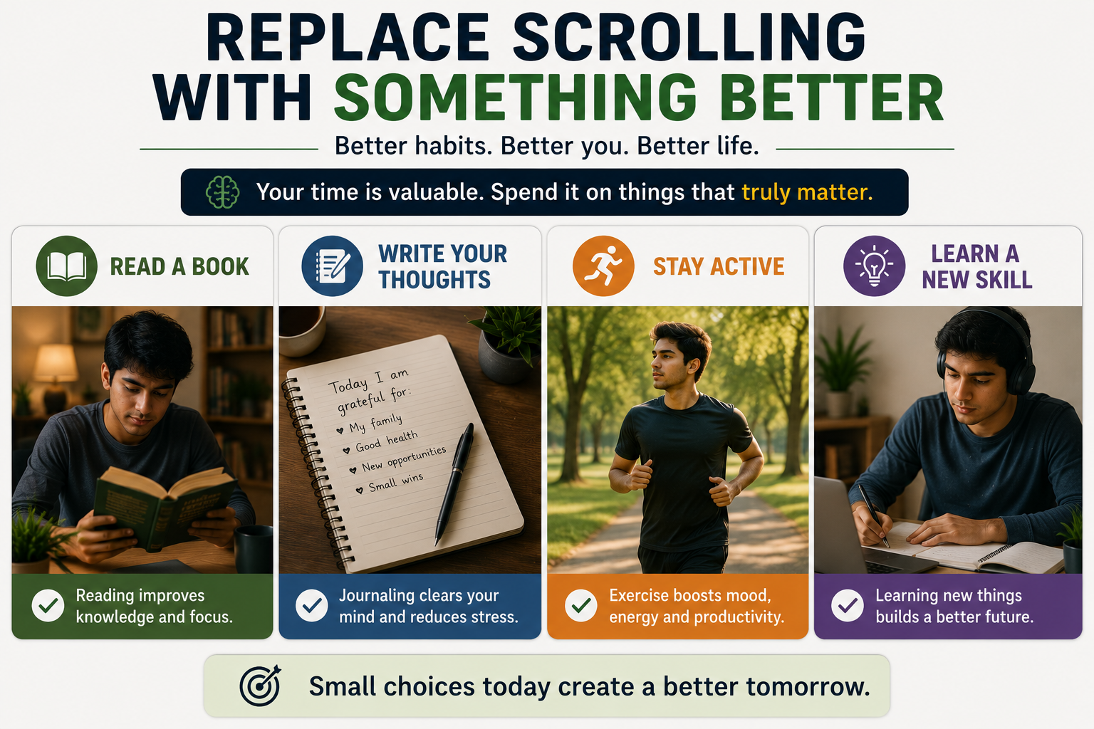 Healthy alternatives to phone scrolling including reading, journaling, exercise, and learning new skills