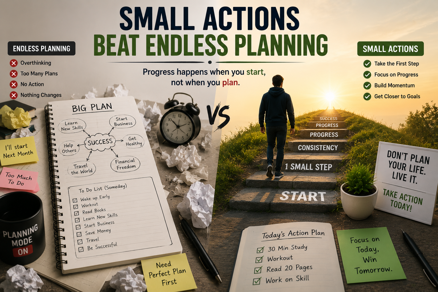 Small daily actions creating progress while endless planning causes delays