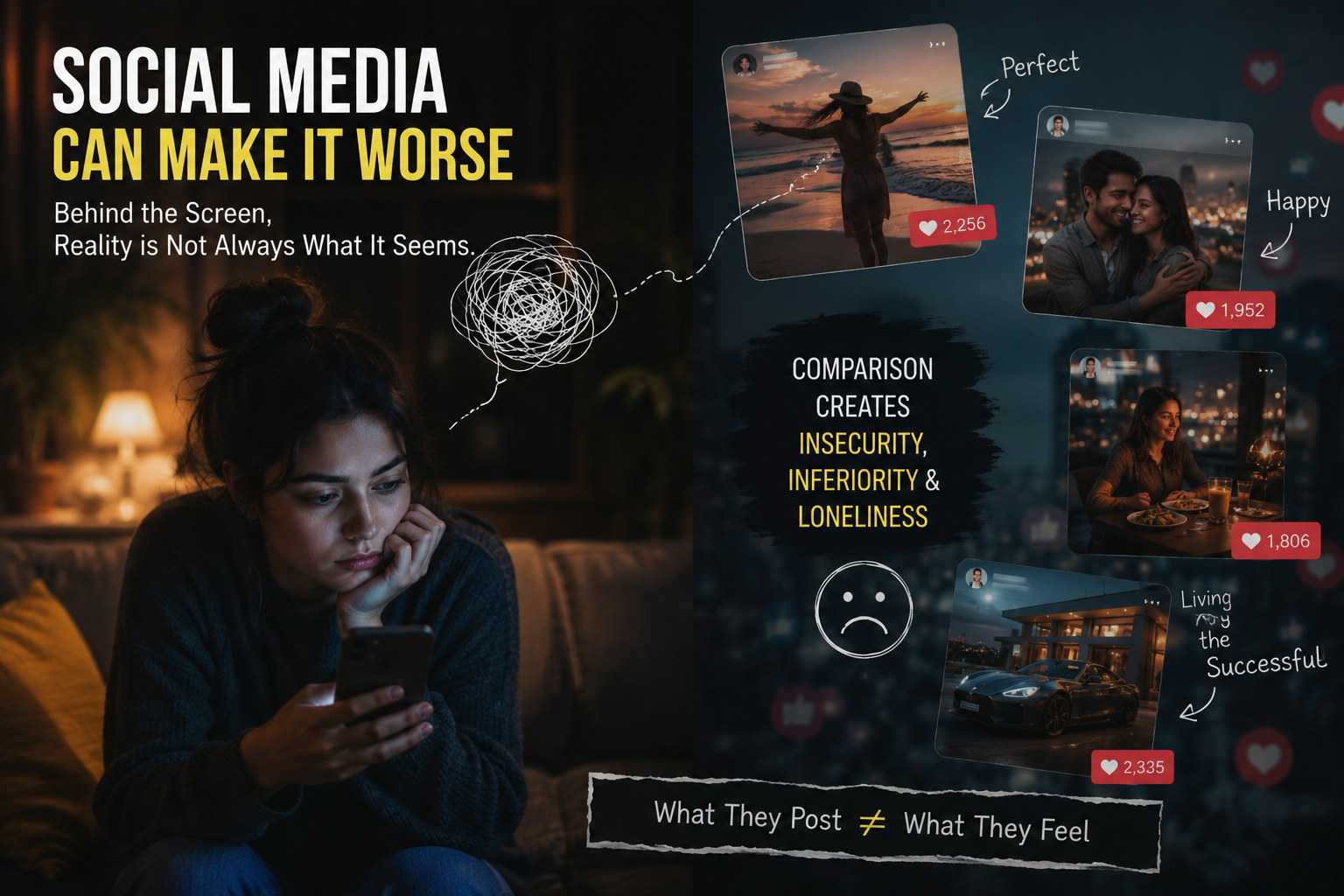 Young woman scrolling social media and feeling lonely while comparing her life to perfect online posts