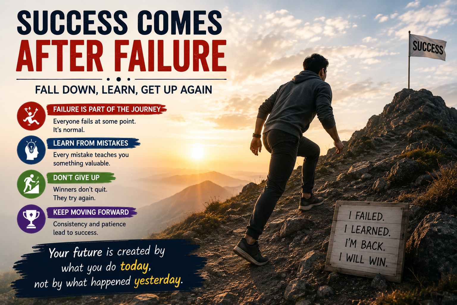 Determined person overcoming failure and continuing the journey toward success