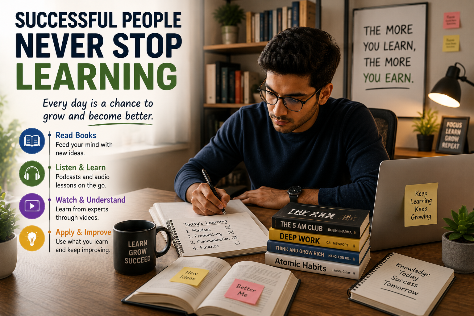 Successful people continuously learning new skills and improving themselves