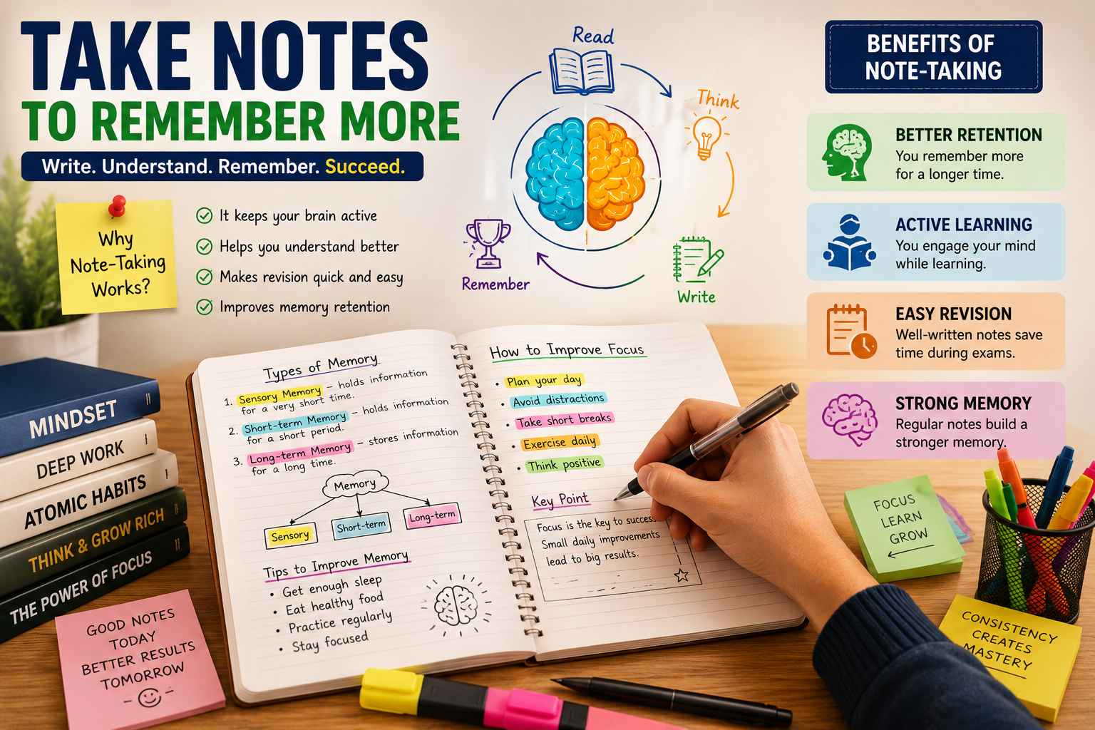 Note-taking method for improving memory, active learning, better retention, and faster revision