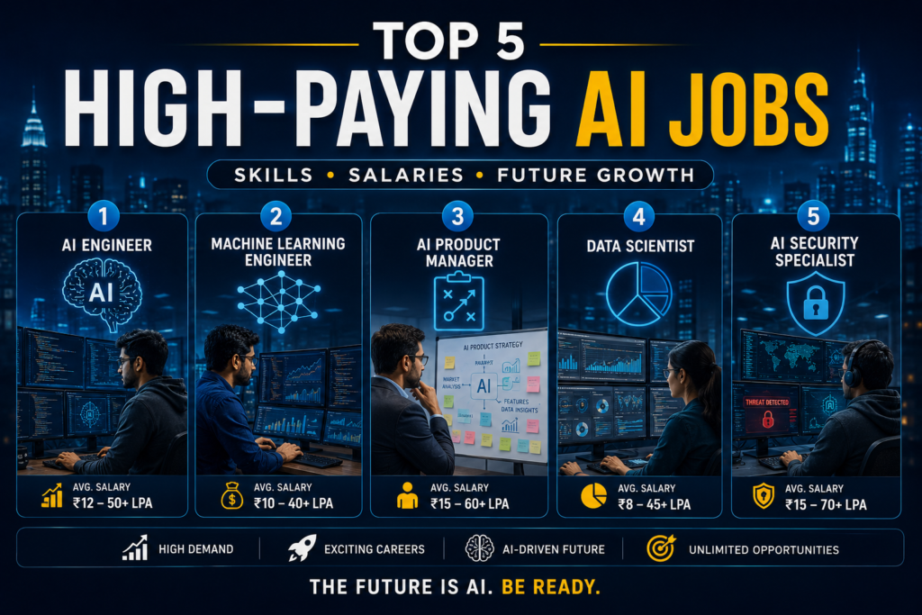 "Top 5 high paying AI jobs including AI Engineer, Machine Learning Engineer, AI Product Manager, Data Scientist, and AI Security Specialist"