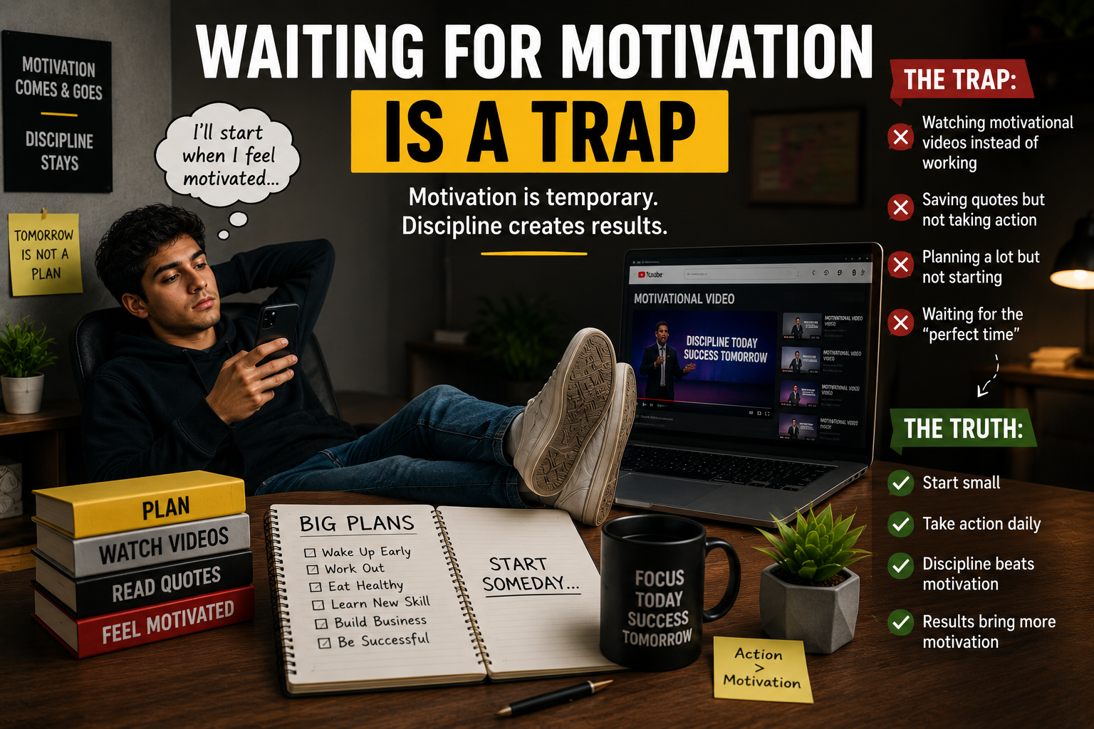 Person waiting for motivation instead of starting productive work