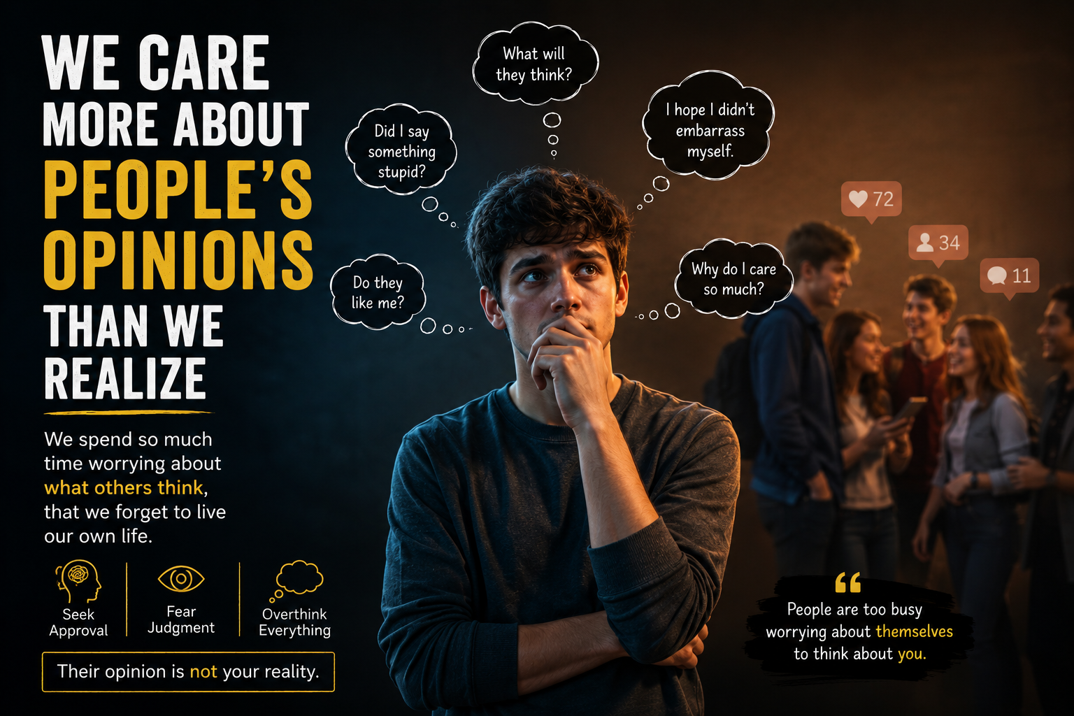 Thoughtful young man worrying about other people's opinions and social judgment in a crowded environment