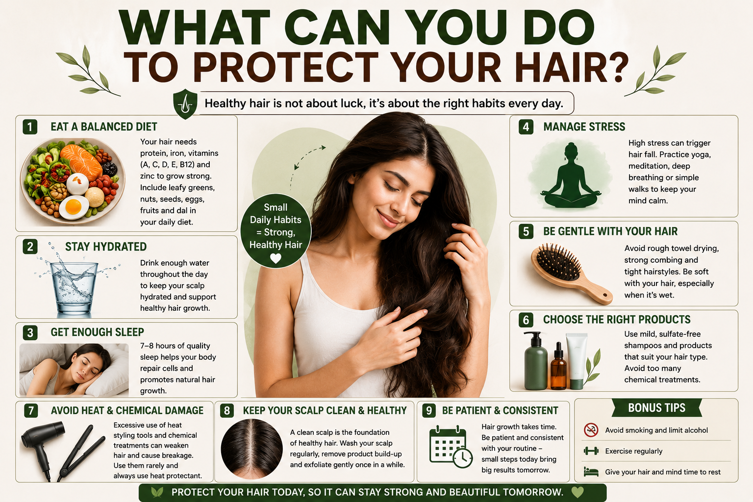 Healthy hair care habits including balanced diet, hydration, sleep, stress management and gentle hair care routine